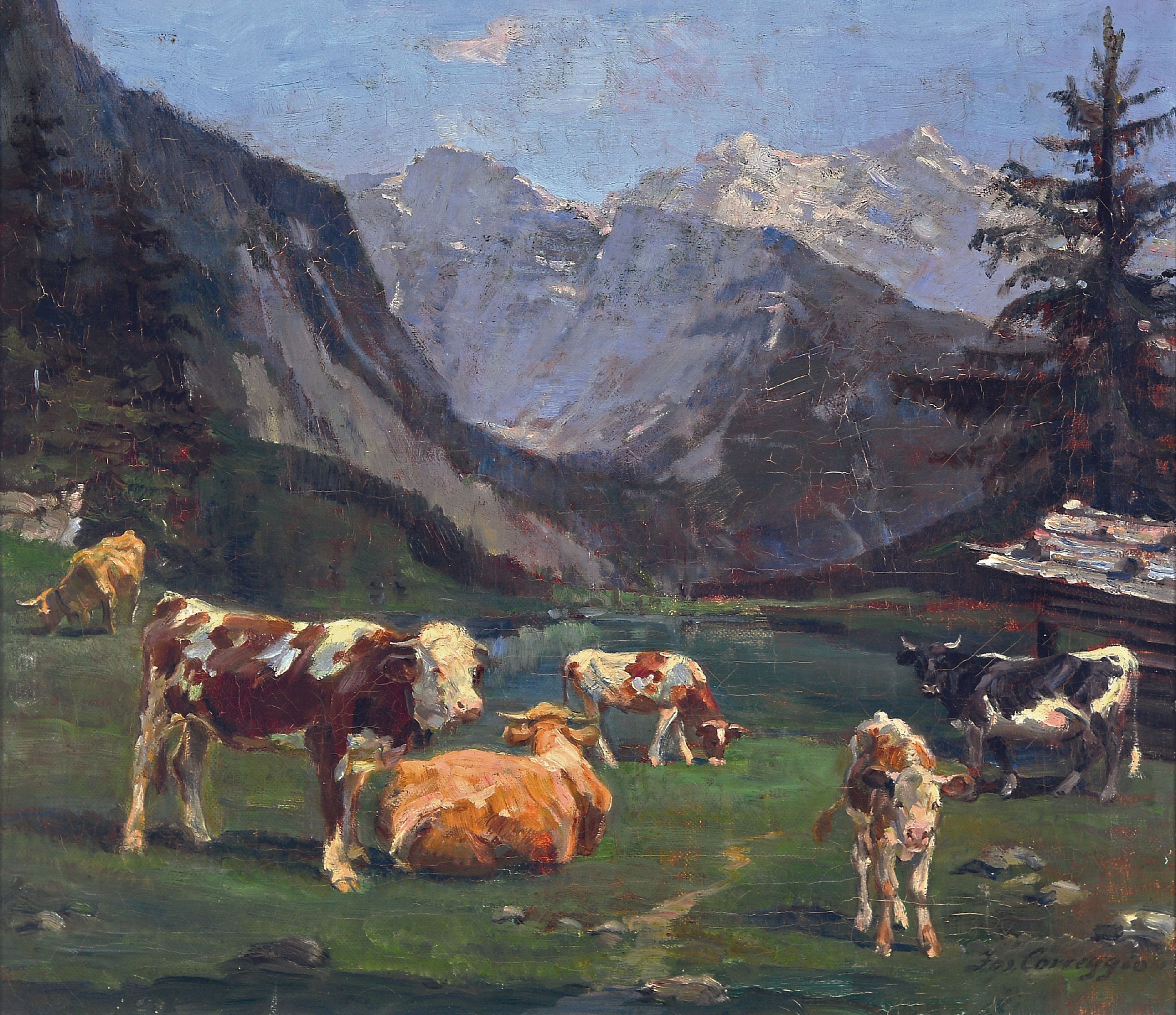 Image 27048434 - Josef Corregio, 1810 Wolfratshausen -1891 München, Fleckvieh im Hochgebirge, Öl/Lwd, ...