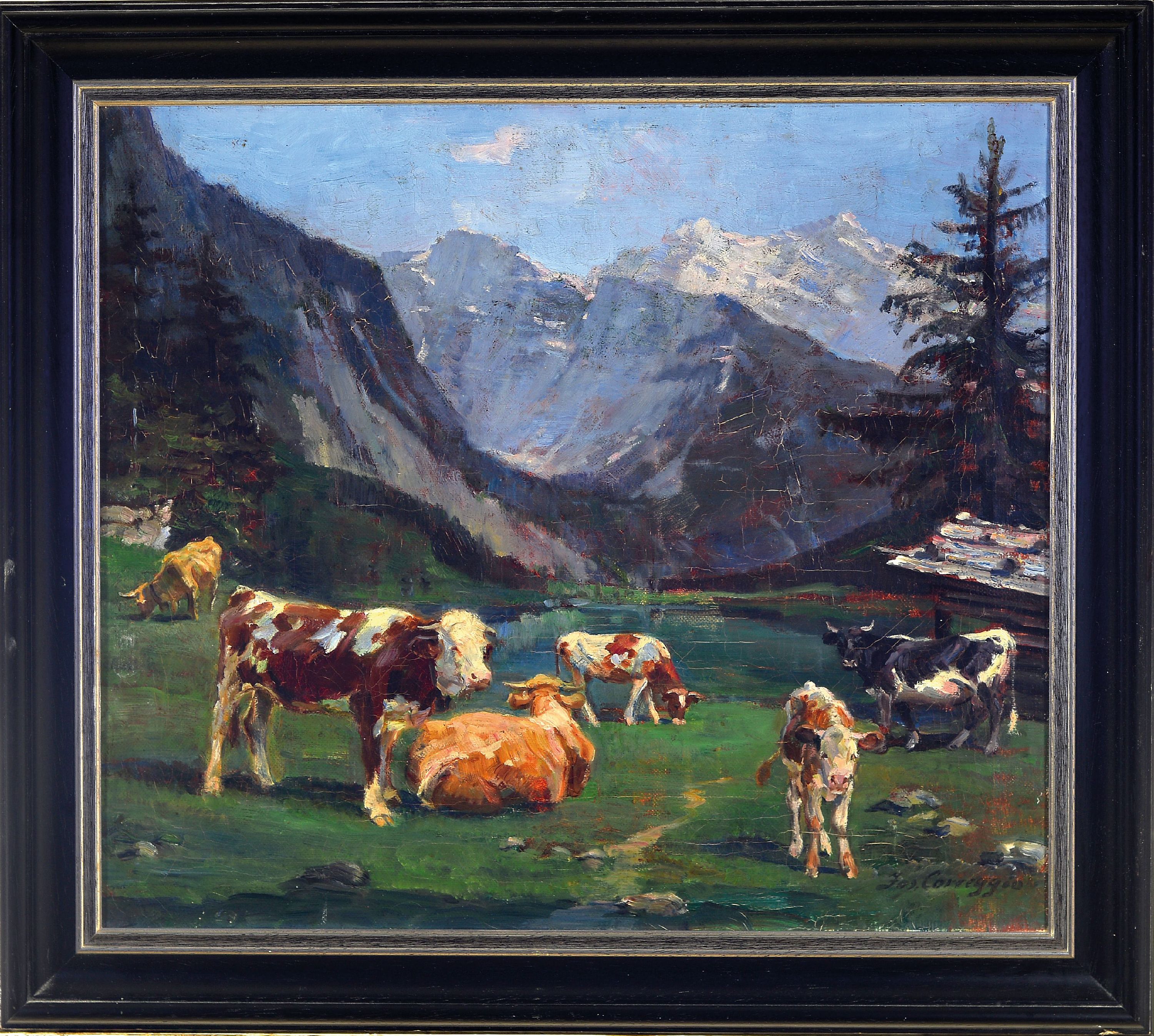 Detail k: Josef Corregio, 1810 Wolfratshausen -1891 München, Fleckvieh im Hochgebirge, Öl/Lwd, rechts unten signiert, ca. 44x51cm, R. ca. 55x62cm