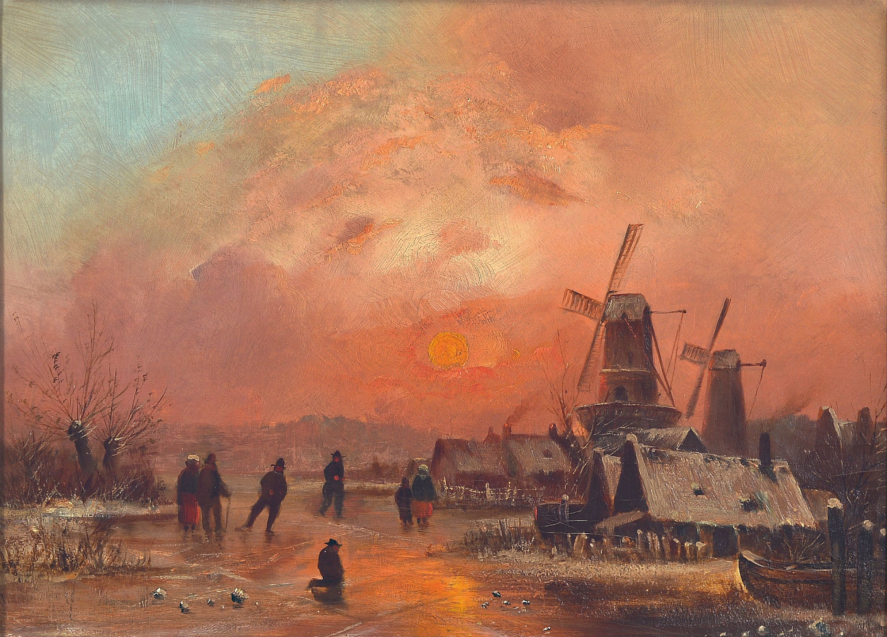 Image 27048435 - Unbekannter niederländischer Künstler, 2. Hälfte 19. Jh., Eisvergnügen im Abendrot, ...