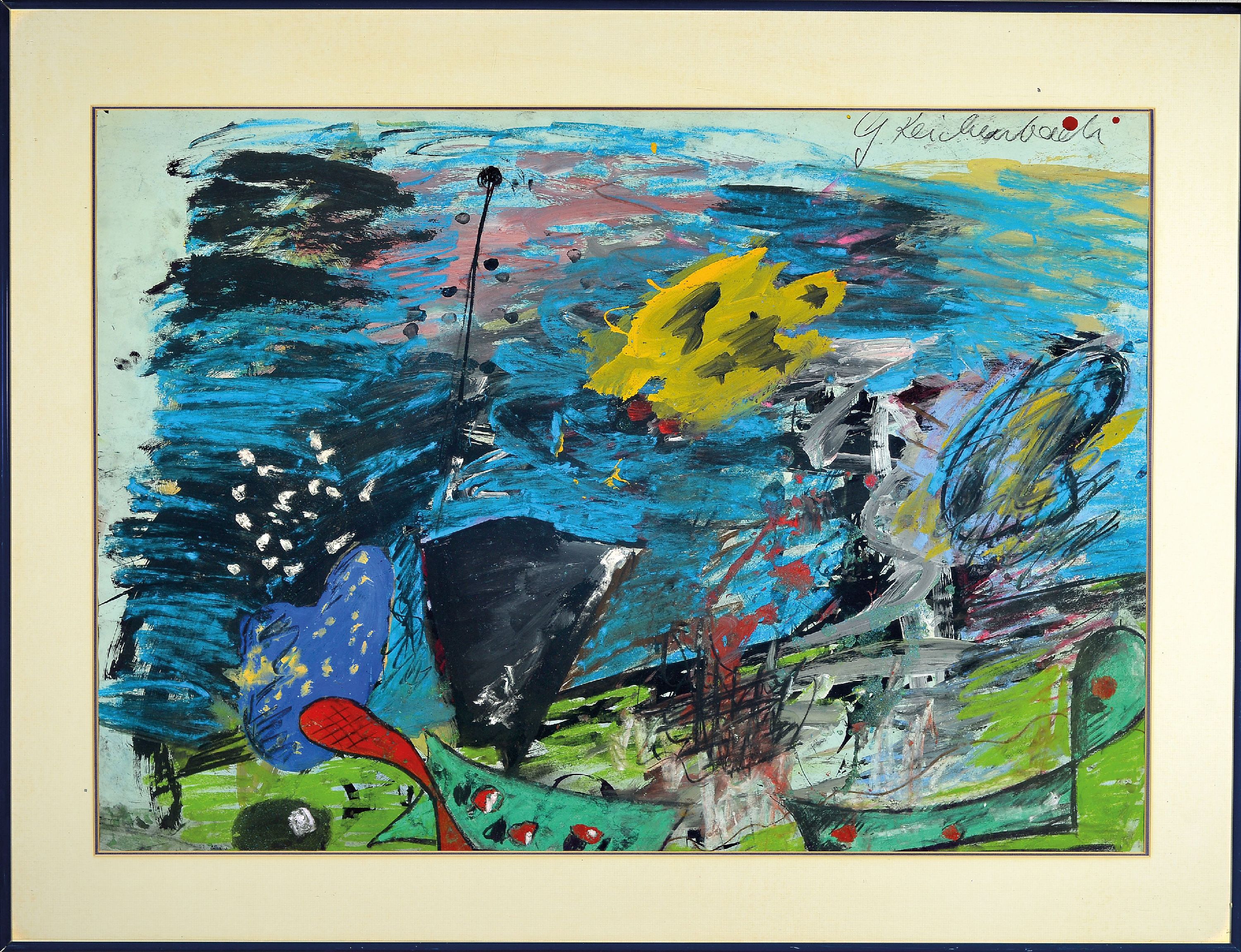 Detail k: Günter Reichenbach, geb. 1955 Norsingen, abstrakte Landschaft, Mischtechnik auf Malkarton, rechts oben signiert, ca. 59x83cm, PP, u.Gl., R. ca. ...