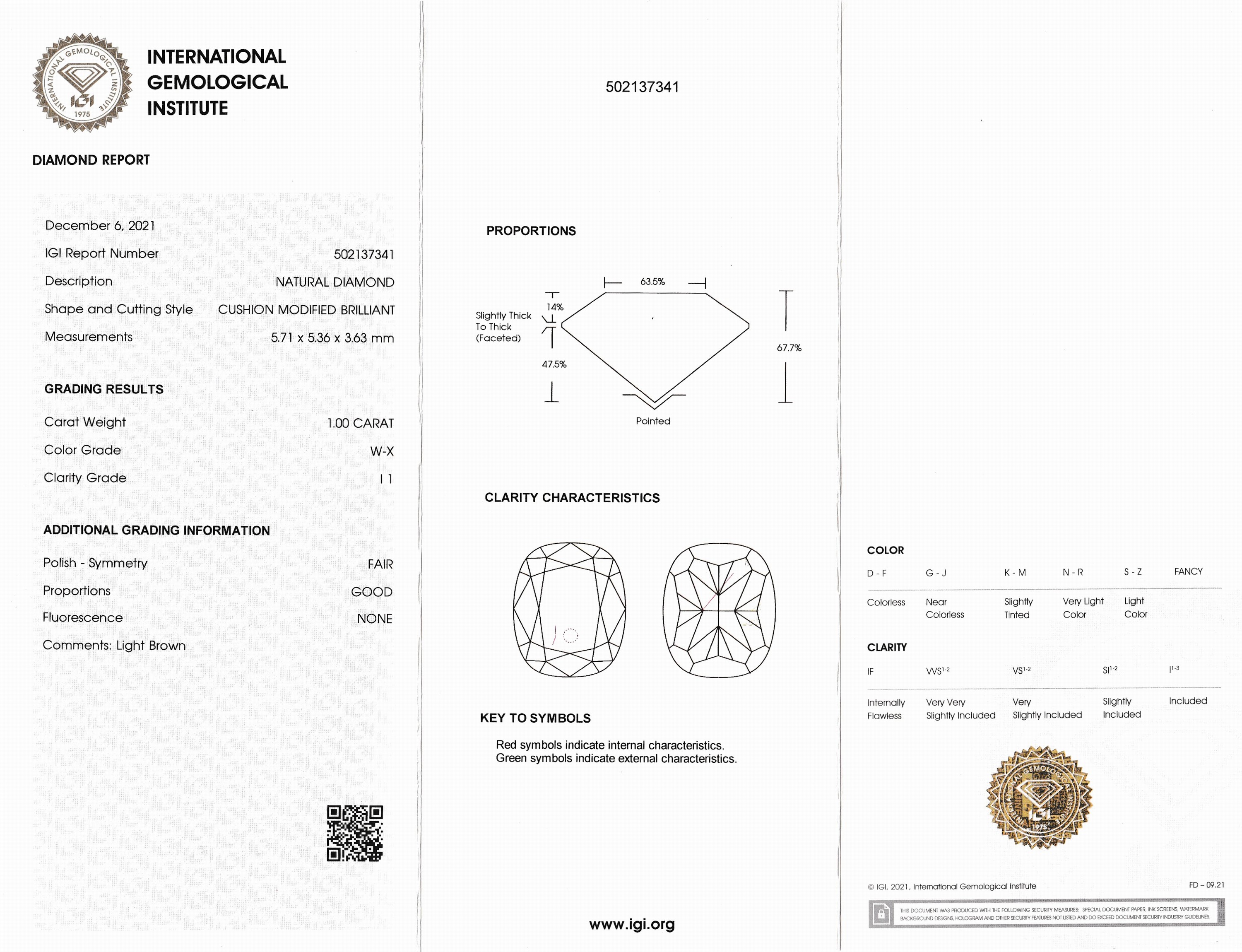 Detail a: Loser Diamant im Cushion-Cut, 1.00 ct Light Brown (W-X)/p1, verschweißt, IGI Expertise