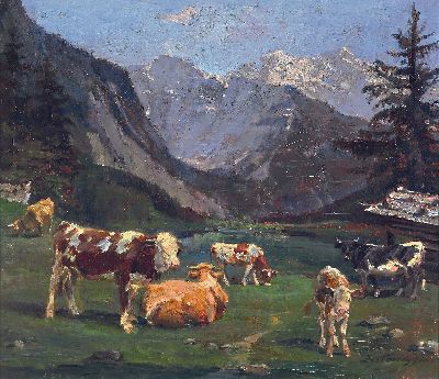 Image Josef Corregio, 1810 Wolfratshausen -1891 München, Fleckvieh im Hochgebirge, Öl/Lwd, ...