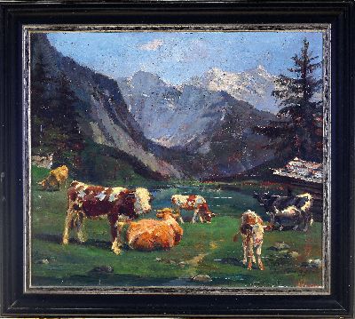 27048434k - Josef Corregio, 1810 Wolfratshausen -1891 München, Fleckvieh im Hochgebirge, Öl/Lwd, ...