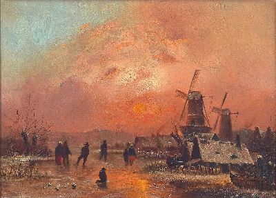 Image Unbekannter niederländischer Künstler, 2. Hälfte 19. Jh., Eisvergnügen im Abendrot, ...