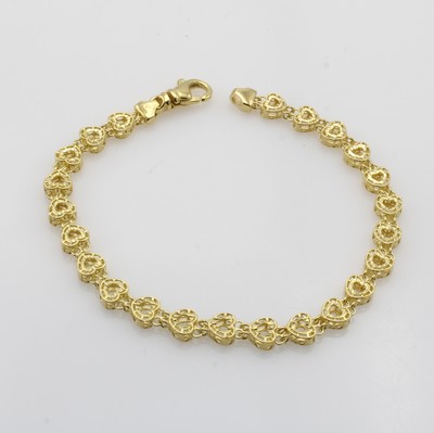 27048440a - Armband GG 585/000, Glieder in Herzchen- form, Karabinerschl., L. ca. 19 cm