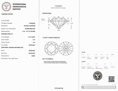 27048469a - Loser Brillant, 0.73 ct Very Light Brown (O- P)/si1, verschweißt, IGI Expertise ...