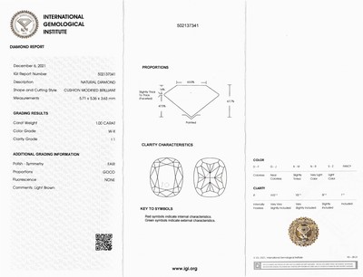 27048471a - Loose diamond in Cushion-Cut, 1.00 ct , Light Brown (W-X)/p1, sealed, IGI expertise ...