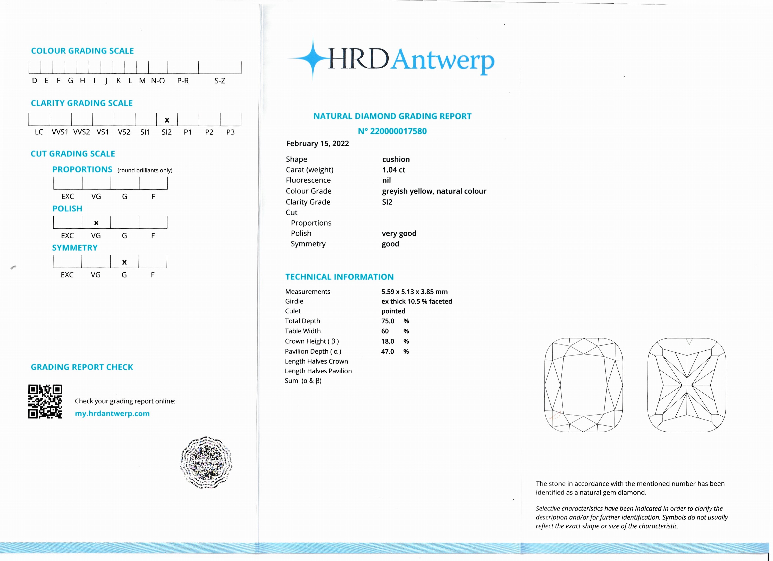 Detail a: Loser Diamant im Cushion-Cut, 1.04 ct Natural Greyish Yellow/si2, verschweißt, HRD Expertise