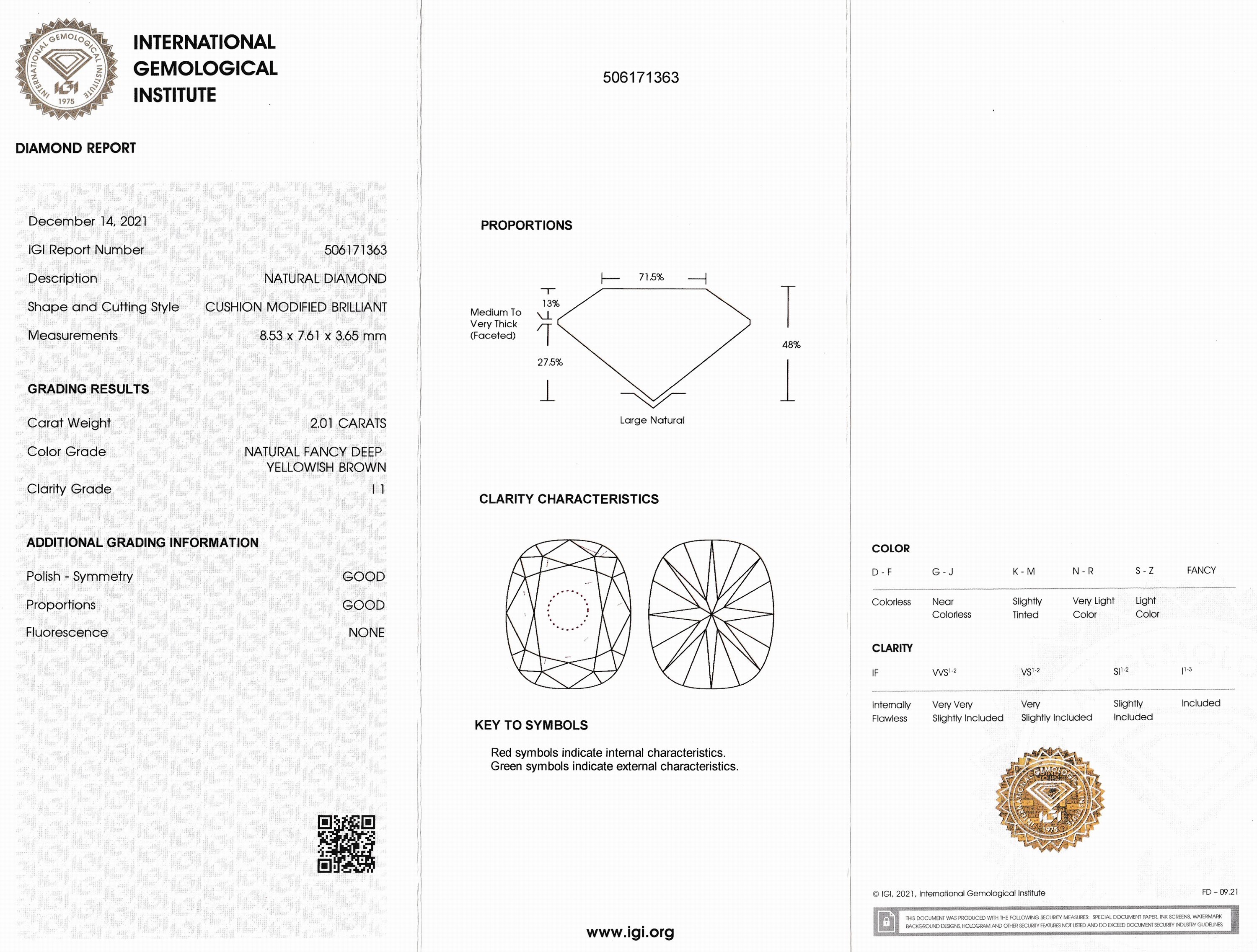 Detail a: Loser Diamant im Cushion Cut, 2.01 ct Natural Fancy Deep Yellowish Brown/p1, verschweißt, IGI Expertise