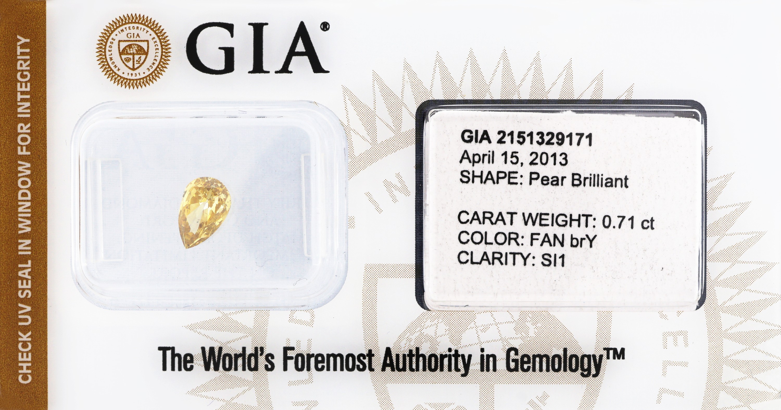 Image 27048561 - Loser Diamant-Tropfen, 0.71 ct Natural Fancy Brownish Yellow/si1, verschweißt, GIA ...