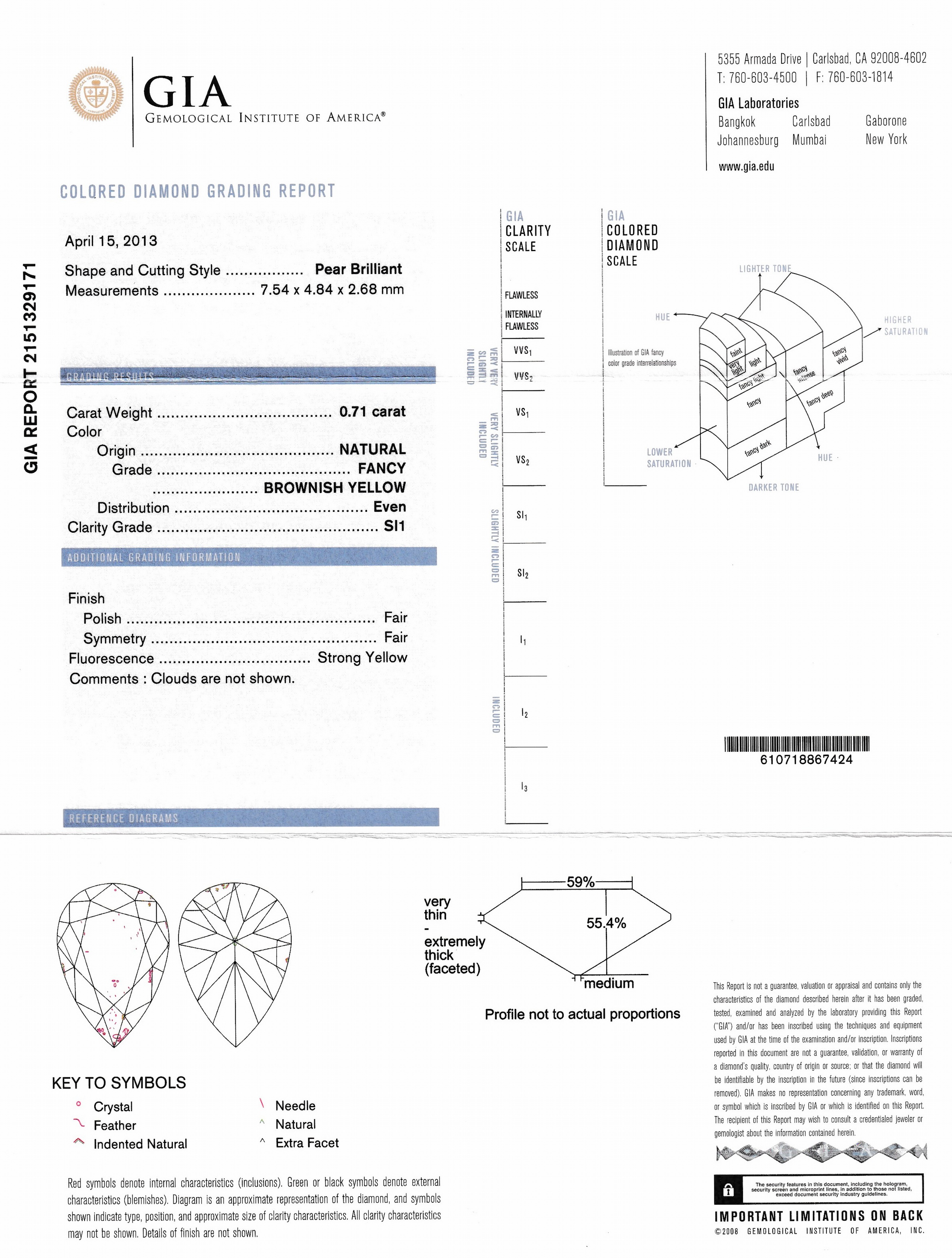 Detail a: Loser Diamant-Tropfen, 0.71 ct Natural Fancy Brownish Yellow/si1, verschweißt, GIA Expertise