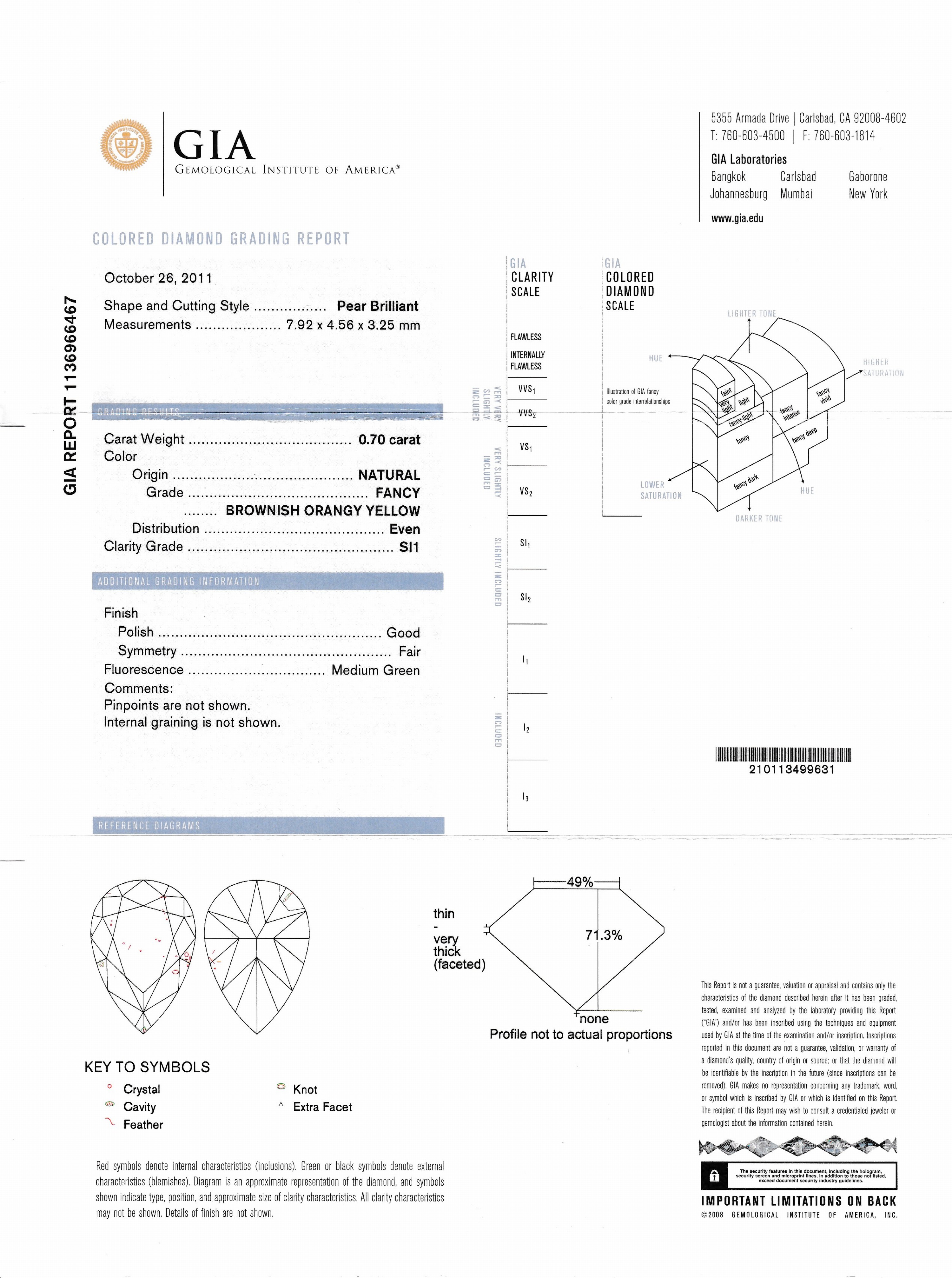 Detail a: Loser Diamant-Tropfen, 0.70 ct Natural Fancy Brownish Orangy/si1, verschweißt, GIA Expertise