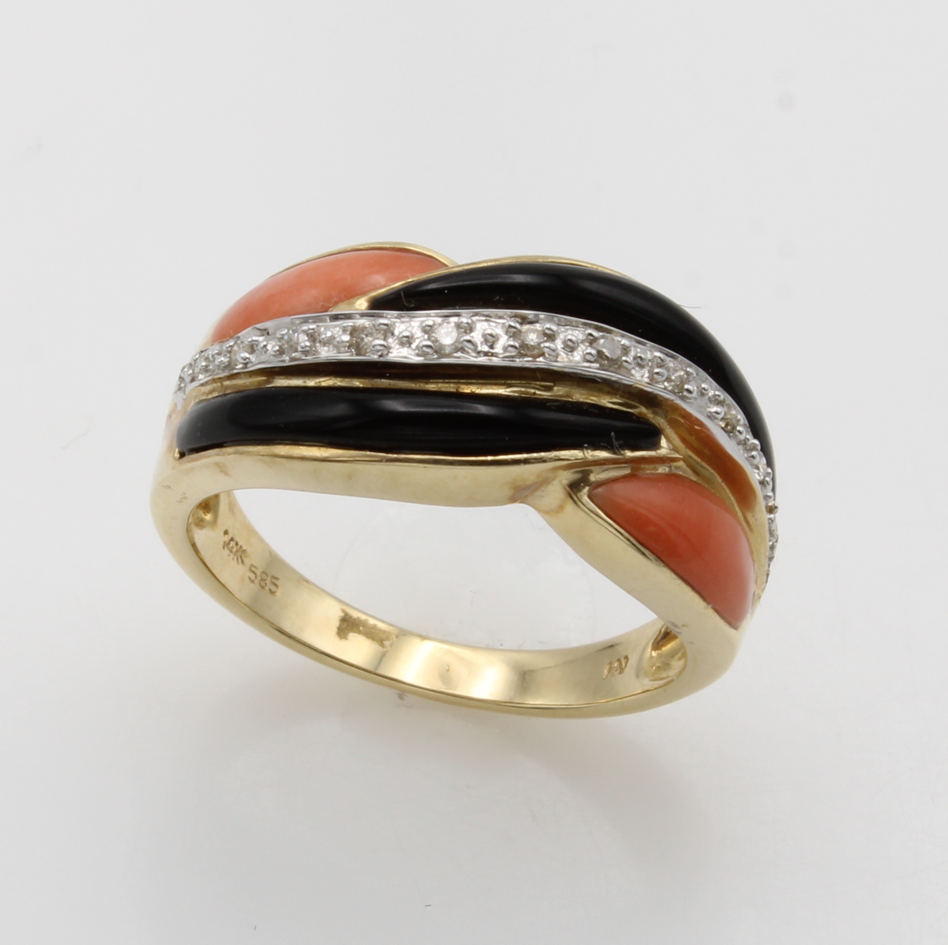 Image 27048568 - Ring mit Koralle, Onyx und Brillanten, GG 585/000, 11 Brill. zus. ca. 0,06 ct ...