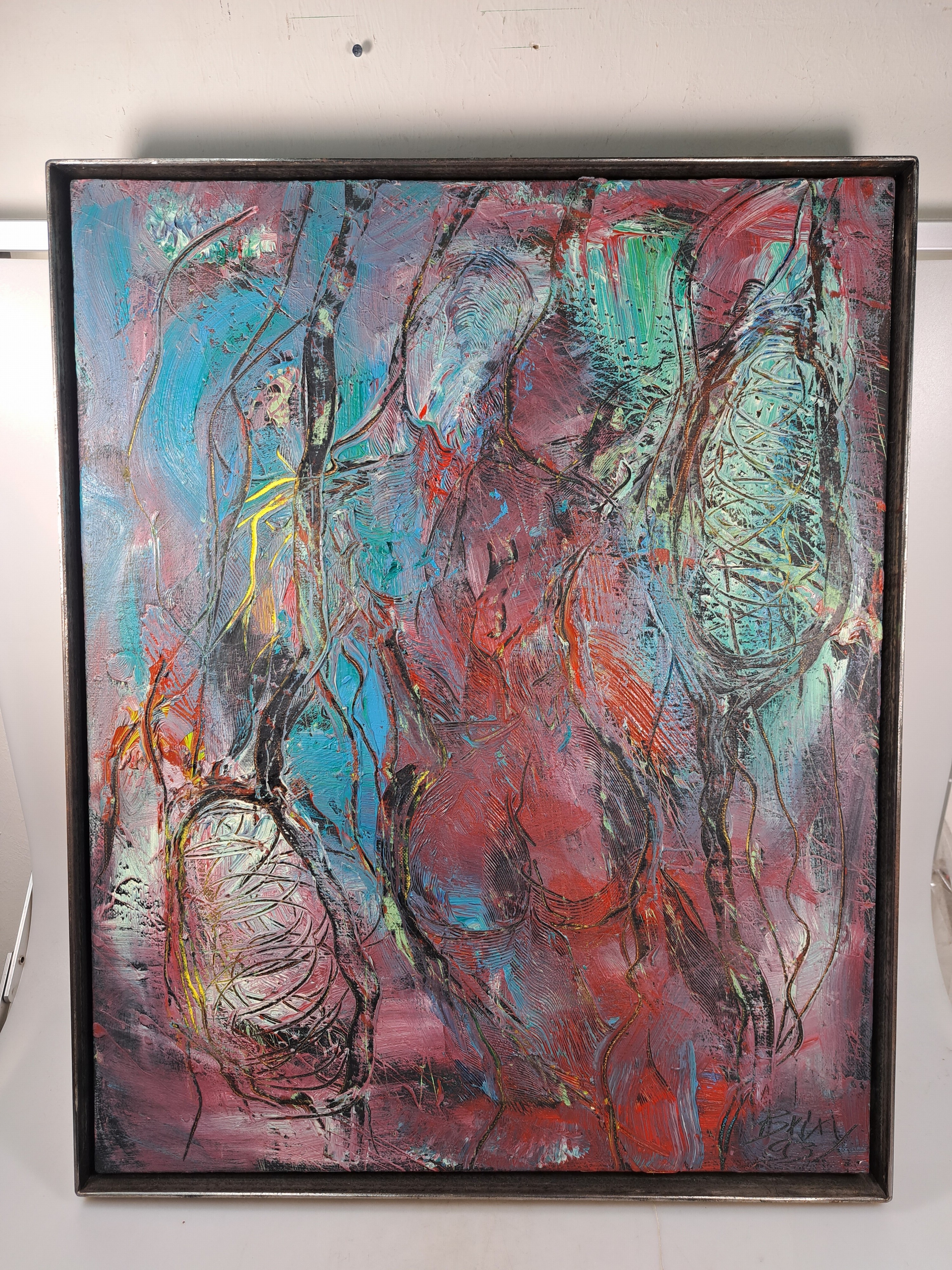 Detail a: Dietmar Brixy, geb. 1961 Mannheim, abstrakte Komposition, Öl/Lwd, rechts unten signiert und dat. 93, ca. 50x40cm, Stahlrahmen mit Schattenfuge, ...