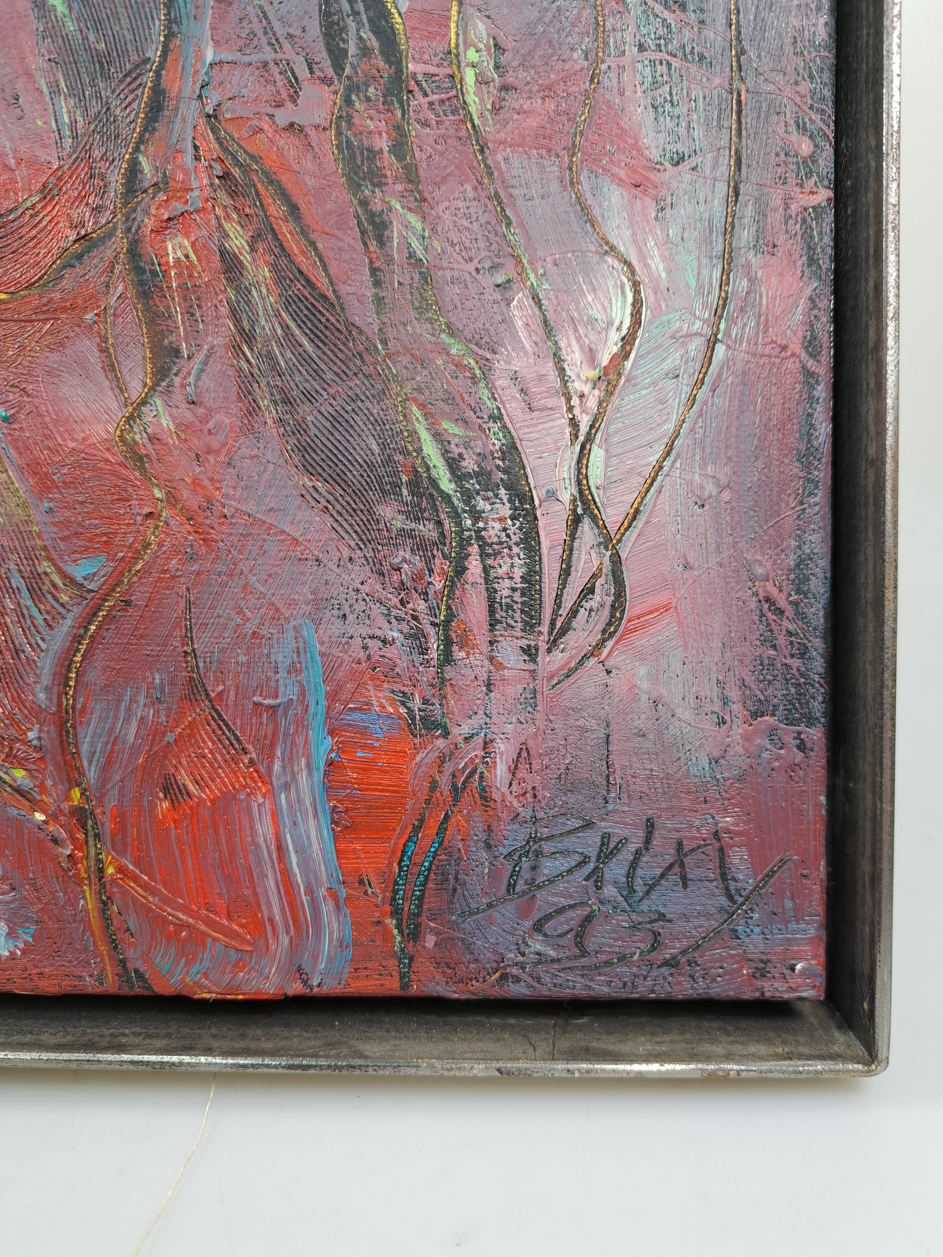 Detail b: Dietmar Brixy, geb. 1961 Mannheim, abstrakte Komposition, Öl/Lwd, rechts unten signiert und dat. 93, ca. 50x40cm, Stahlrahmen mit Schattenfuge, ...