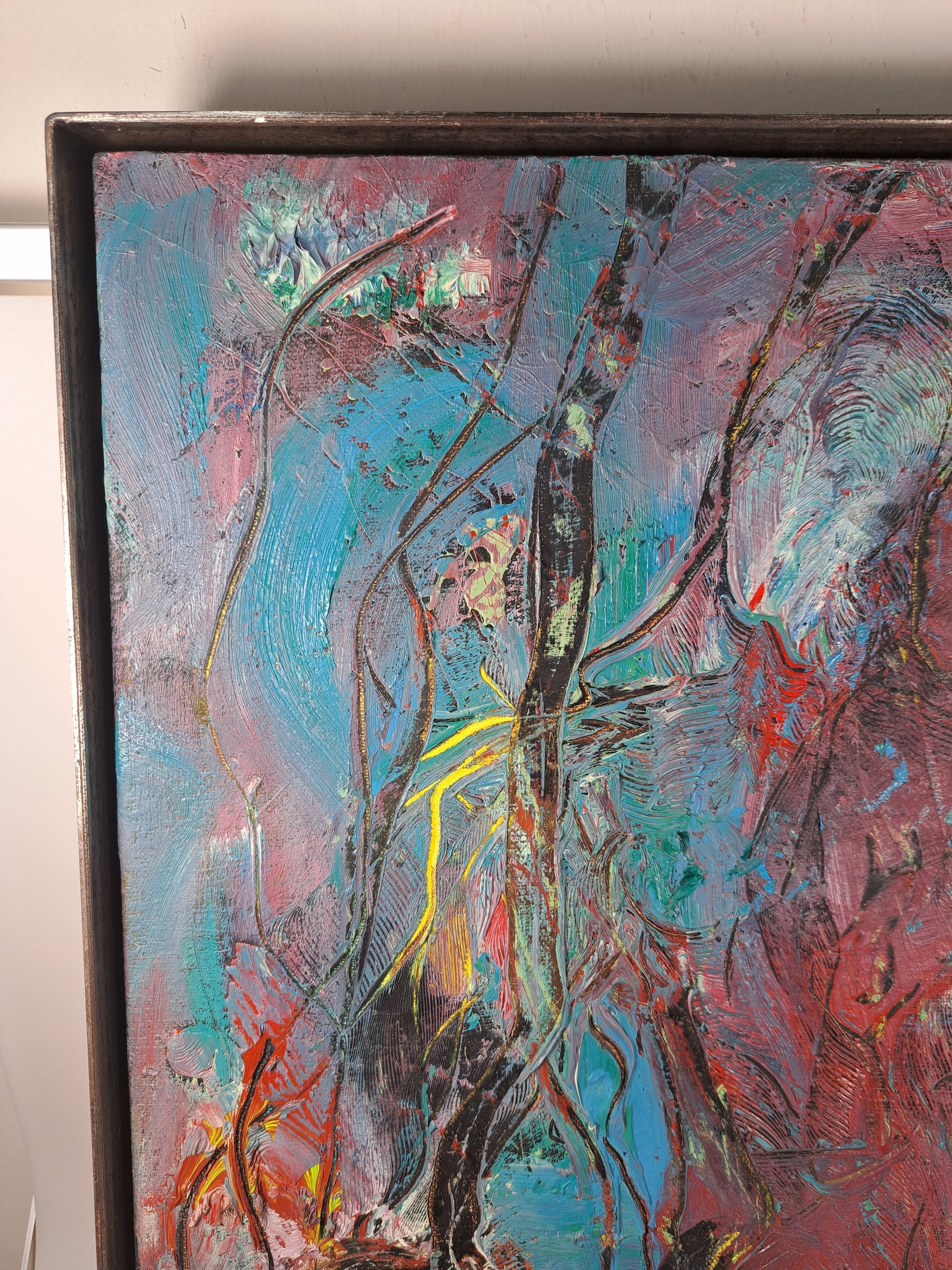 Detail c: Dietmar Brixy, geb. 1961 Mannheim, abstrakte Komposition, Öl/Lwd, rechts unten signiert und dat. 93, ca. 50x40cm, Stahlrahmen mit Schattenfuge, ...