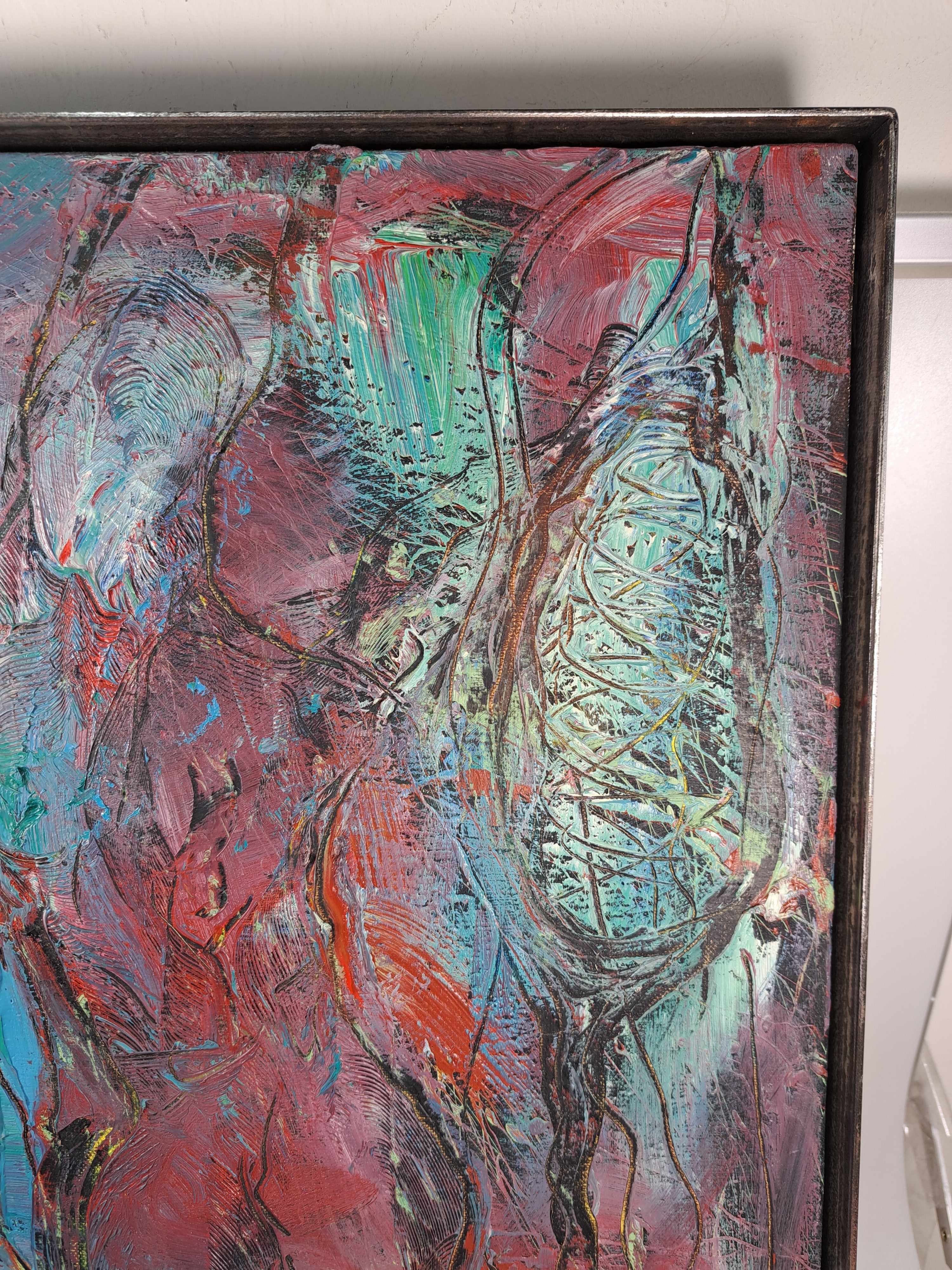 Detail d: Dietmar Brixy, geb. 1961 Mannheim, abstrakte Komposition, Öl/Lwd, rechts unten signiert und dat. 93, ca. 50x40cm, Stahlrahmen mit Schattenfuge, ...