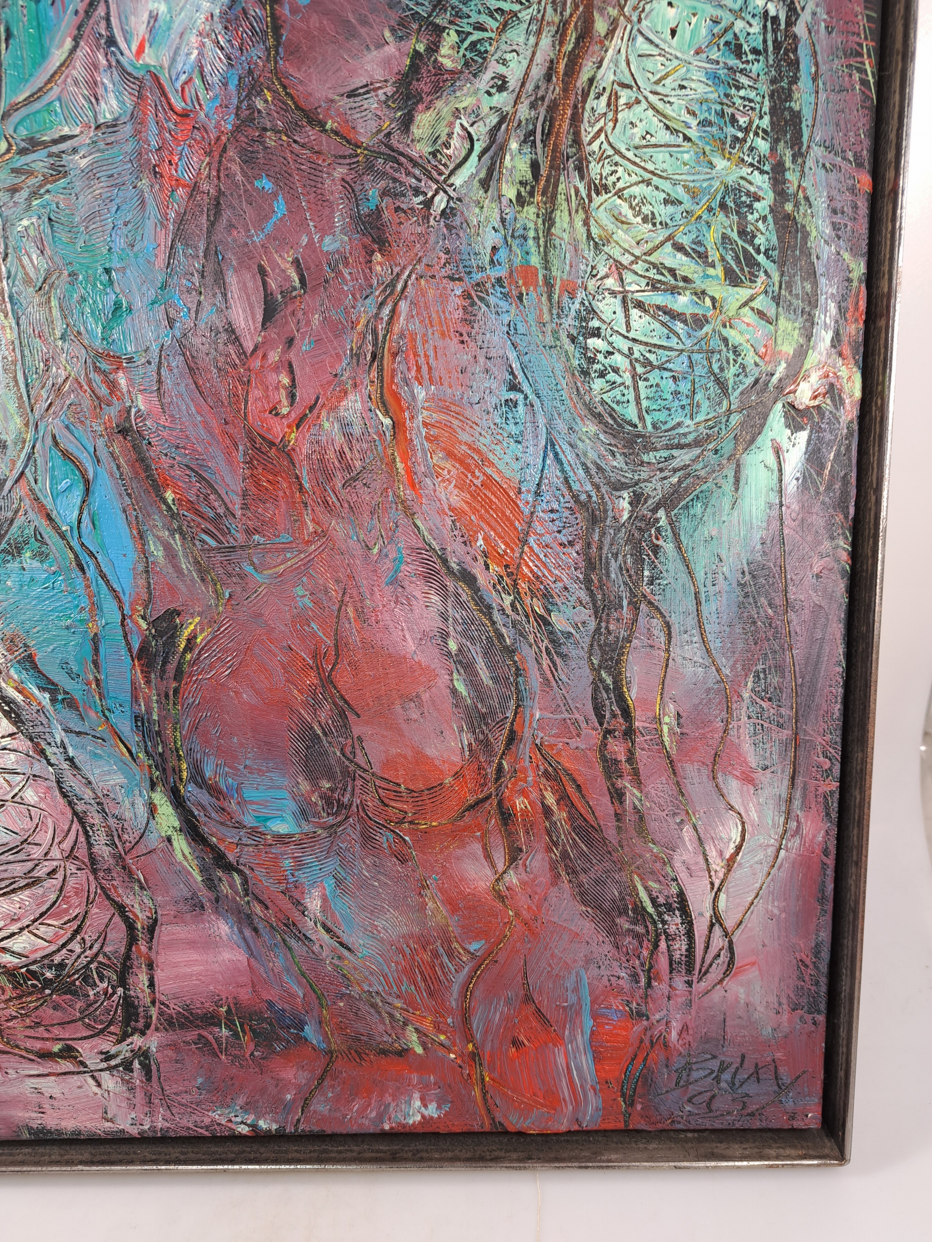 Detail e: Dietmar Brixy, geb. 1961 Mannheim, abstrakte Komposition, Öl/Lwd, rechts unten signiert und dat. 93, ca. 50x40cm, Stahlrahmen mit Schattenfuge, ...