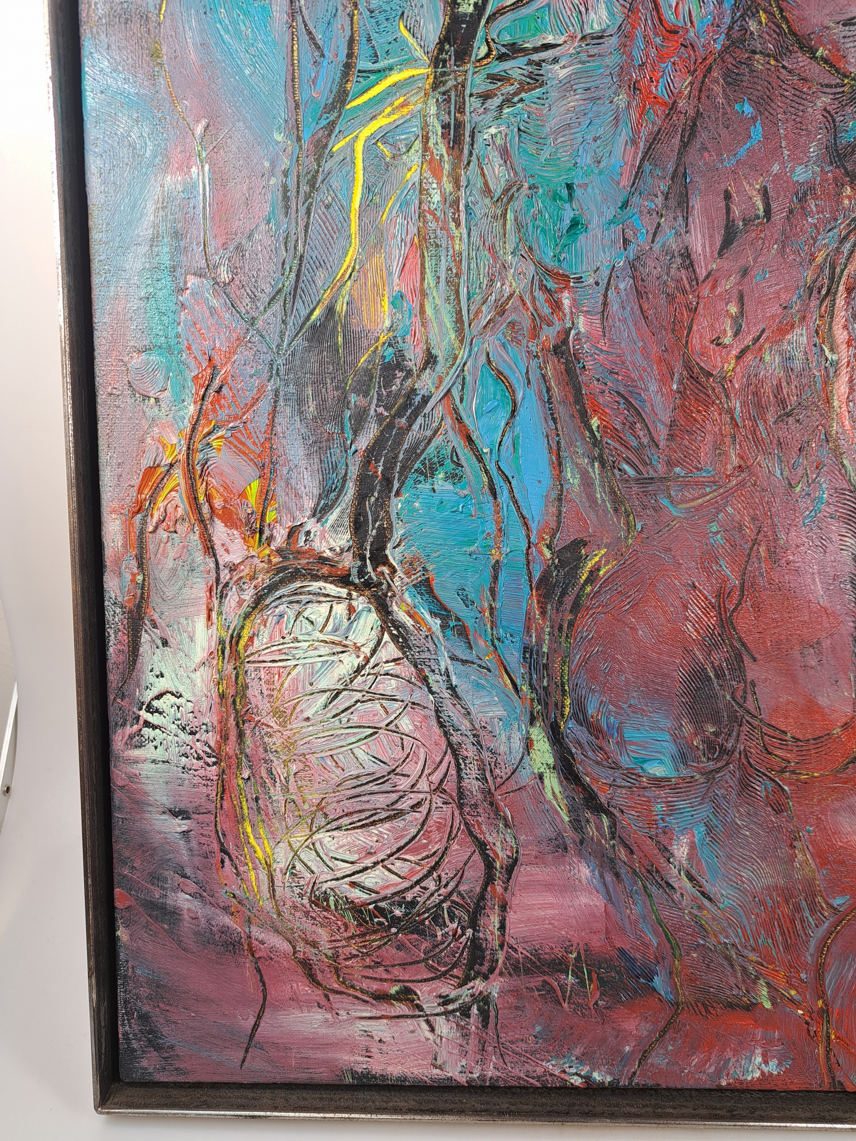Detail f: Dietmar Brixy, geb. 1961 Mannheim, abstrakte Komposition, Öl/Lwd, rechts unten signiert und dat. 93, ca. 50x40cm, Stahlrahmen mit Schattenfuge, ...