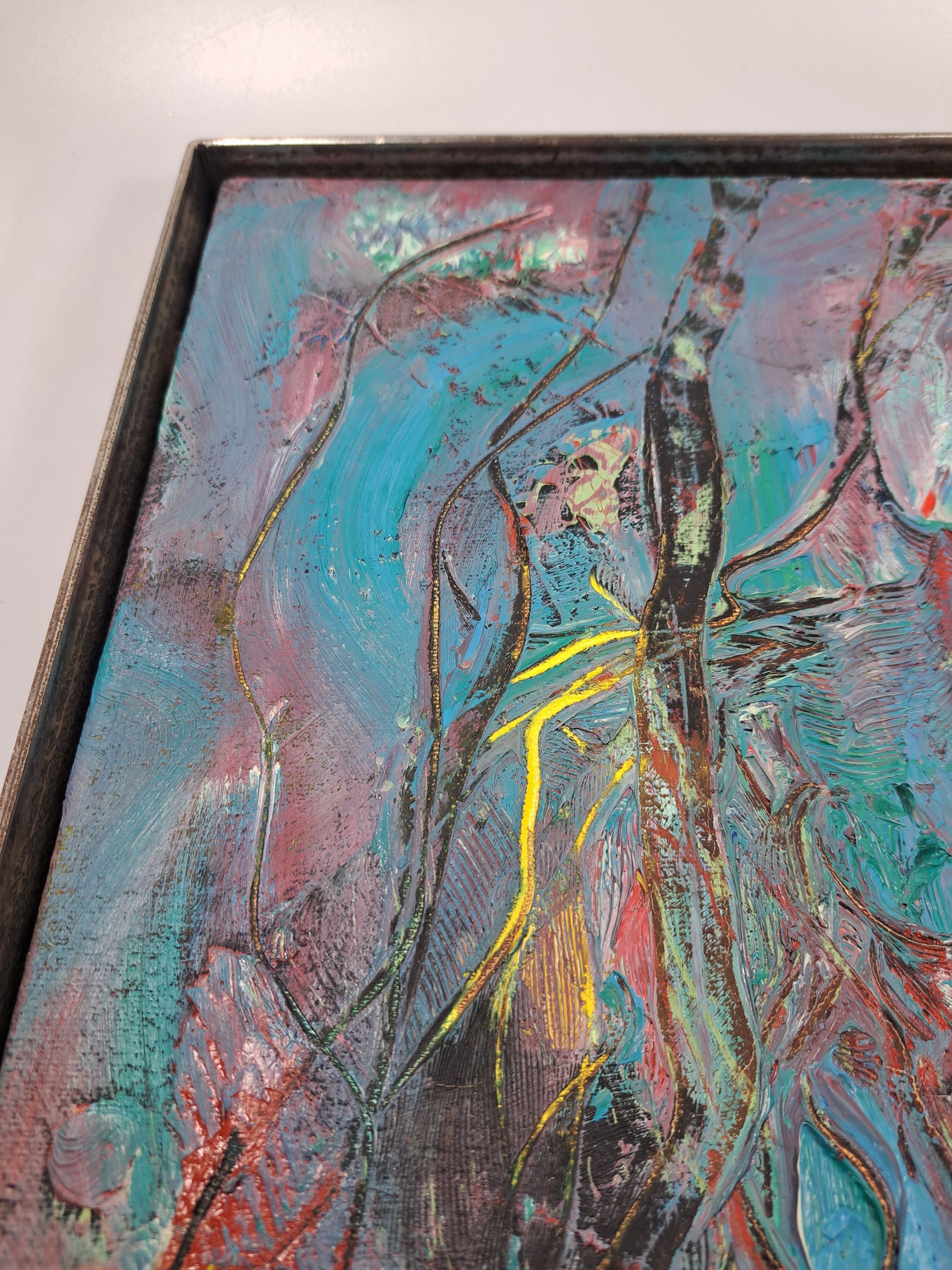 Detail i: Dietmar Brixy, geb. 1961 Mannheim, abstrakte Komposition, Öl/Lwd, rechts unten signiert und dat. 93, ca. 50x40cm, Stahlrahmen mit Schattenfuge, ...