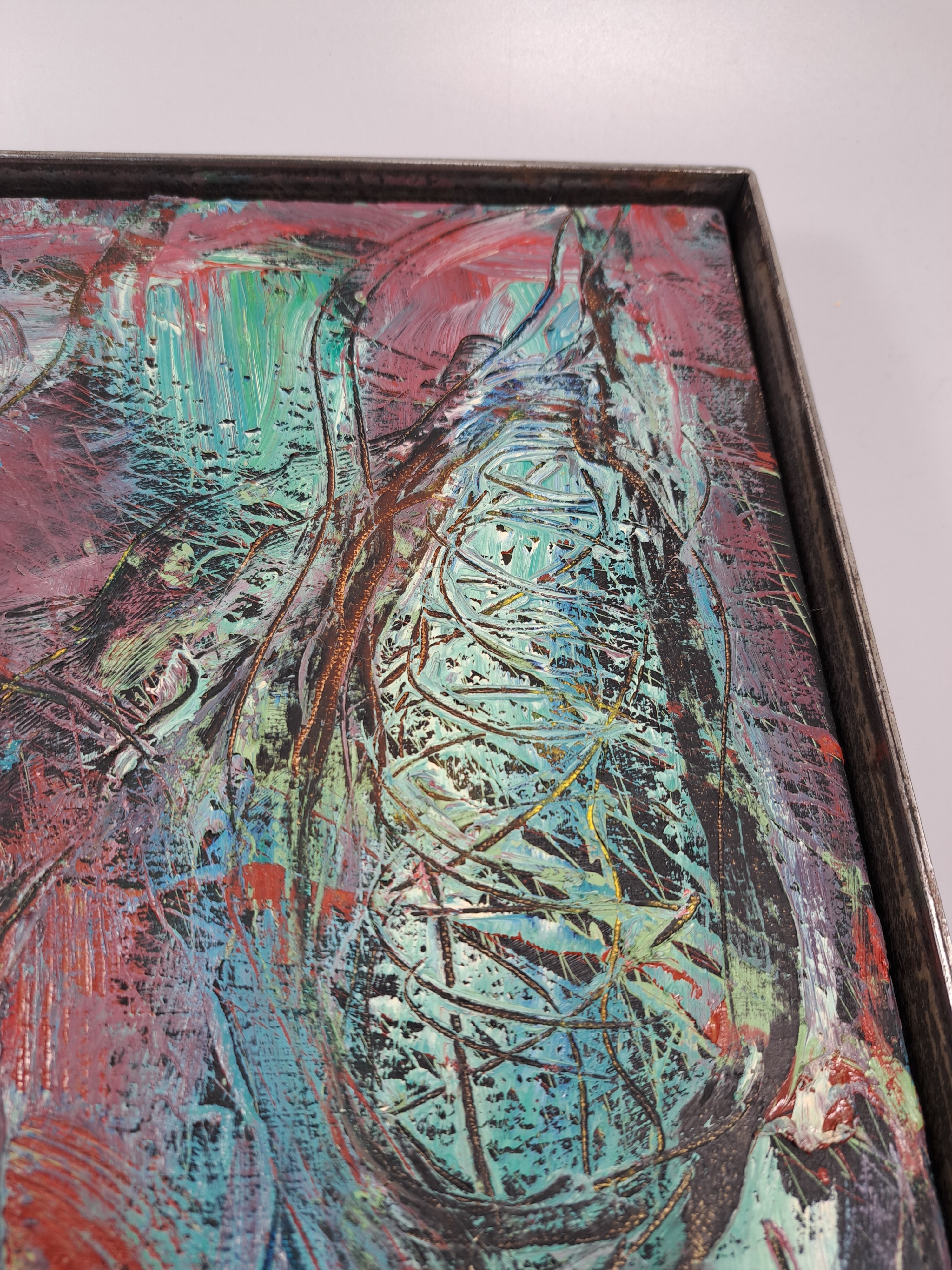 Detail j: Dietmar Brixy, geb. 1961 Mannheim, abstrakte Komposition, Öl/Lwd, rechts unten signiert und dat. 93, ca. 50x40cm, Stahlrahmen mit Schattenfuge, ...