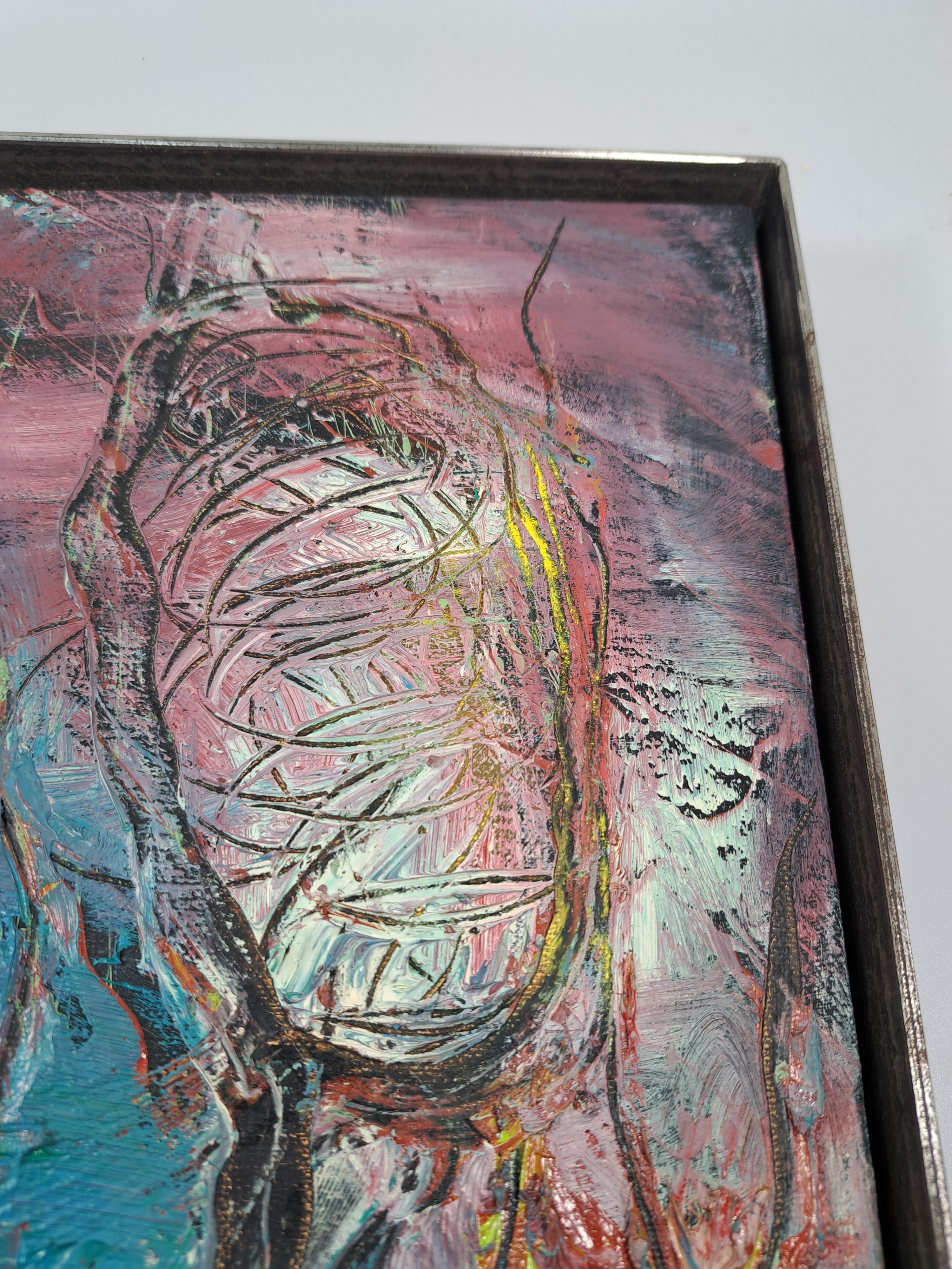 Detail k: Dietmar Brixy, geb. 1961 Mannheim, abstrakte Komposition, Öl/Lwd, rechts unten signiert und dat. 93, ca. 50x40cm, Stahlrahmen mit Schattenfuge, ...