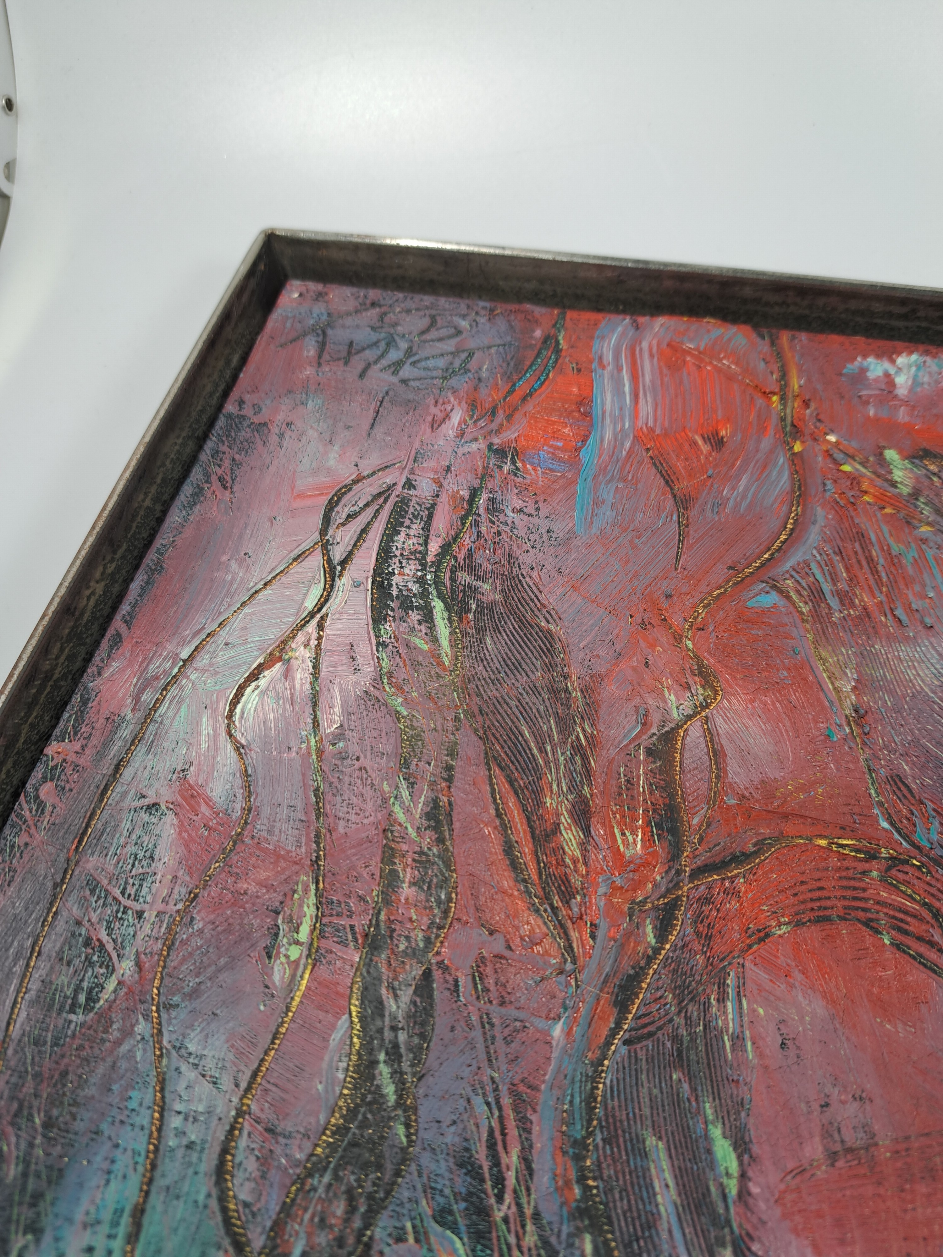 Detail l: Dietmar Brixy, geb. 1961 Mannheim, abstrakte Komposition, Öl/Lwd, rechts unten signiert und dat. 93, ca. 50x40cm, Stahlrahmen mit Schattenfuge, ...