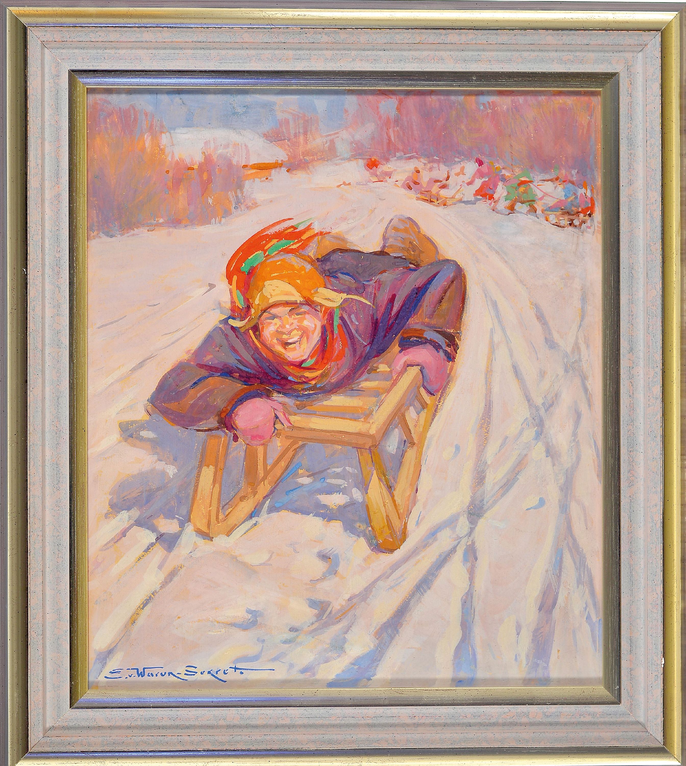 Detail k: Eugen von Warun-Sekret 1896 - 1963, rasante Schlittenfahrt, Gouache, signiert, PP. ca. 45 x 40cm, Rahmen ca. 59 x 52 cm, unter Glas