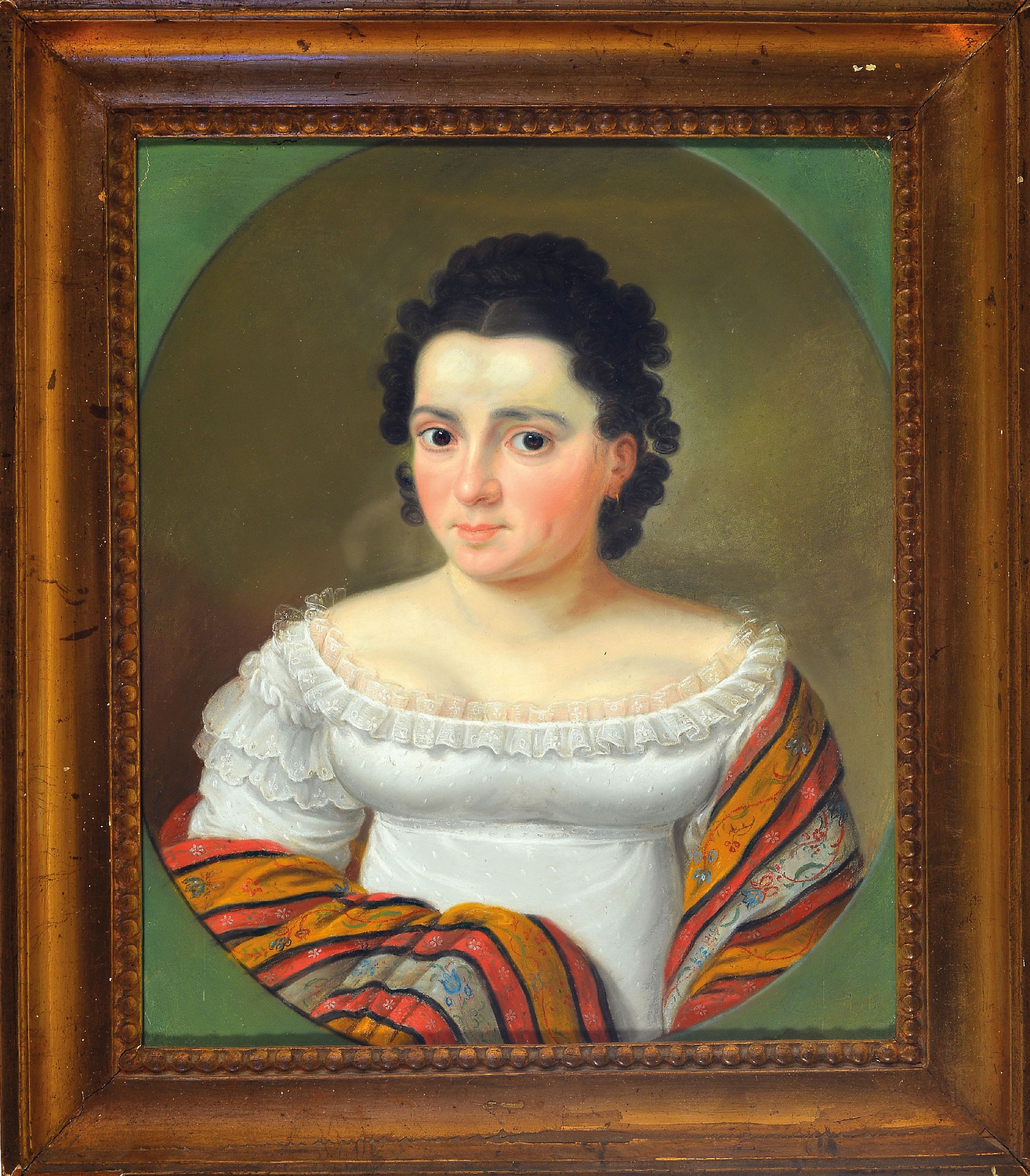 Detail k: Porträtmaler, wohl deutsch, frühes 19. Jh., Dame im weißen Kleid und Frisur in französischer Manier um 1812/13, Pastell, unter Glas, Rahmen, ca. ...
