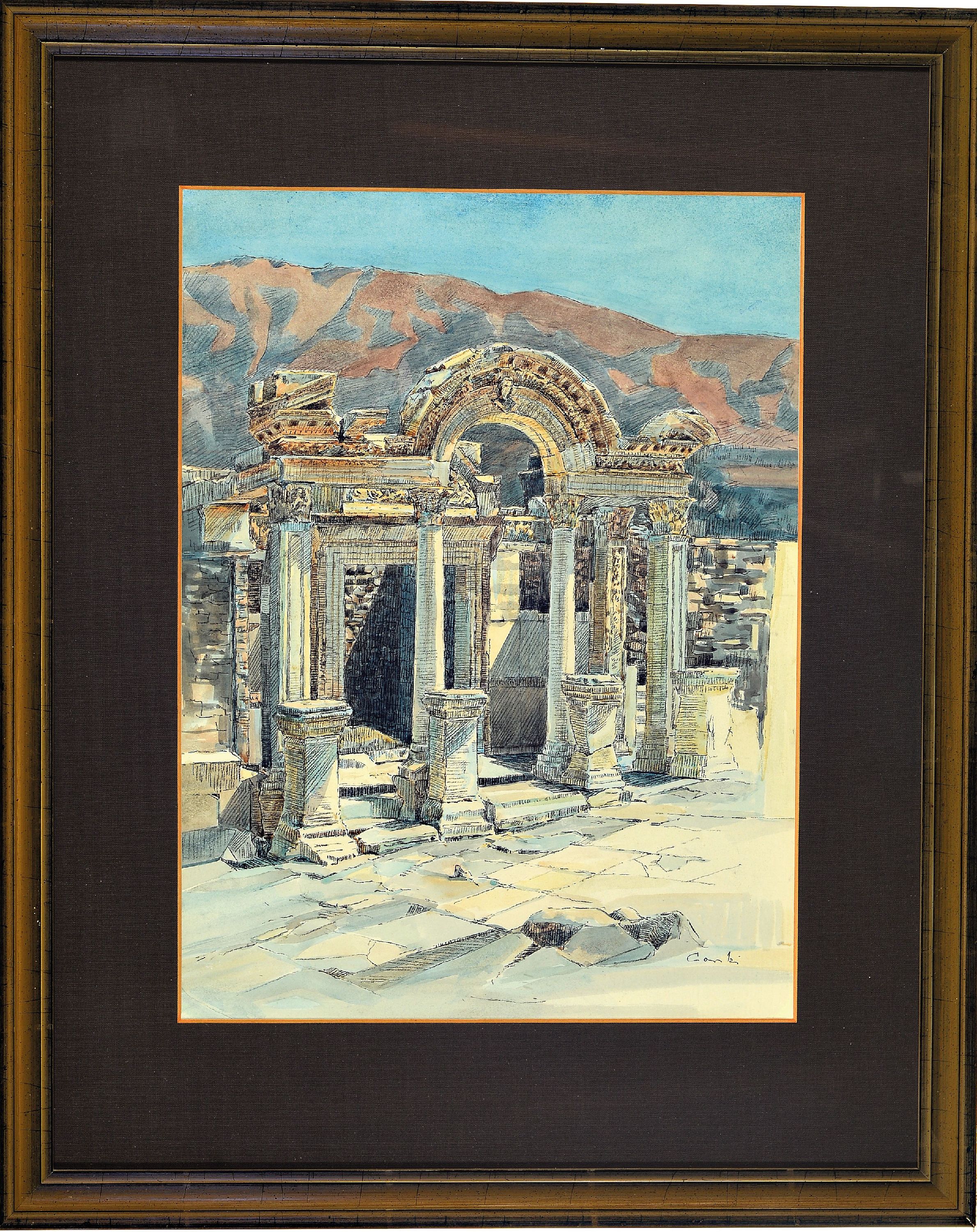 Detail k: Zuschreibung: Arnold Gorski, geb. 1935, Wiesbadener Künstler, zwei Aquarelle, antike Ruinenlandschaften, signiert, rückseitig auf Rahmung ...