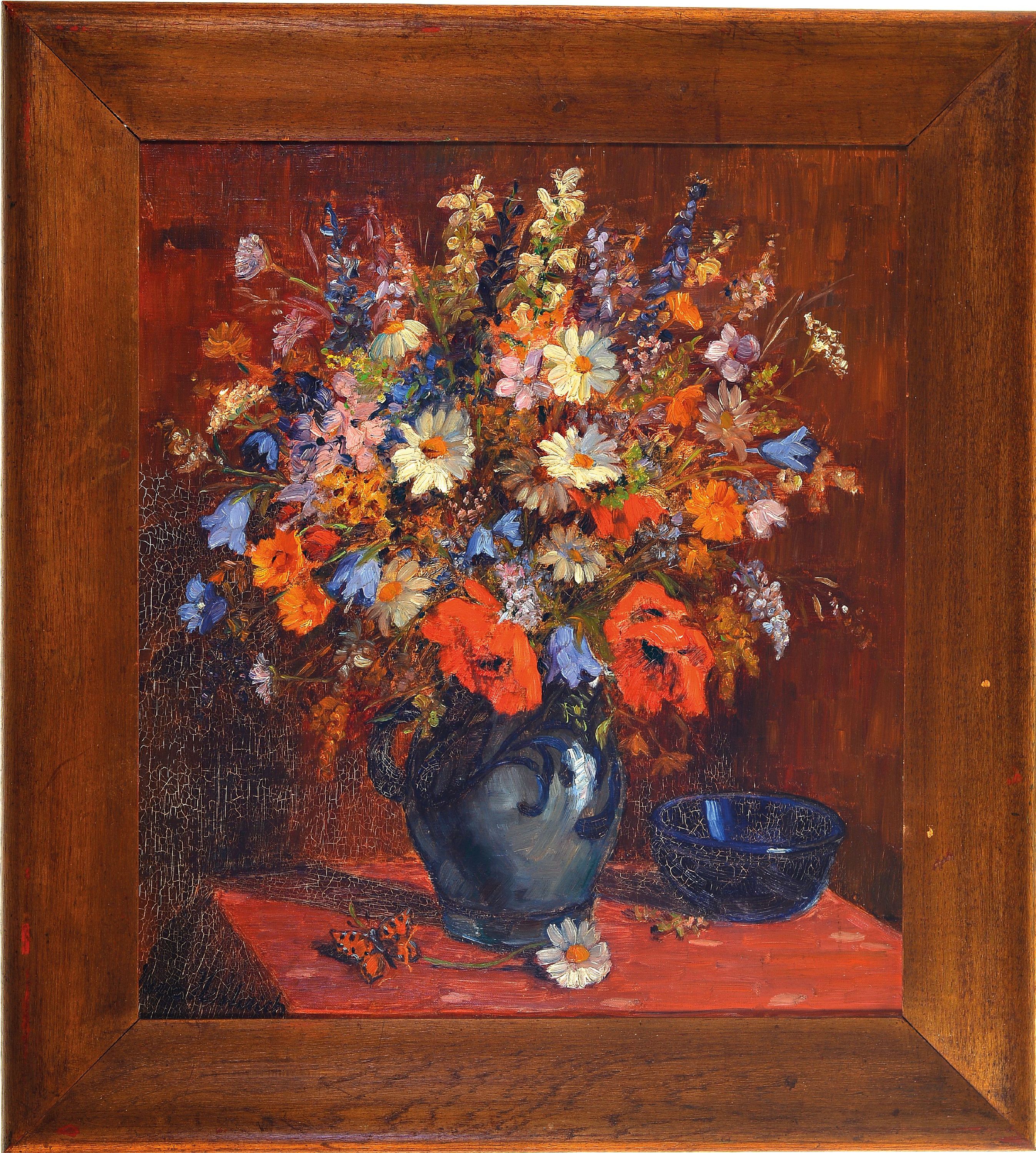 Detail k: Herman Herterich, geb. 1874 Frankfurt/M., Schüler Hasselhorsts, Blumenstillleben in Steinzeugvase, Öl/Lwd, li. u. signiert, ca. 58 x 51.5 cm, ...