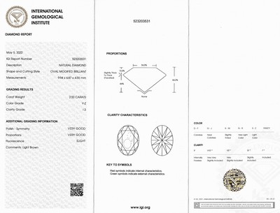 27048531a - Loser ovalfacett. Diamant, 2.00 ct Light Brown(Y-Z)/p2, verschweißt, IGI Expertise ...