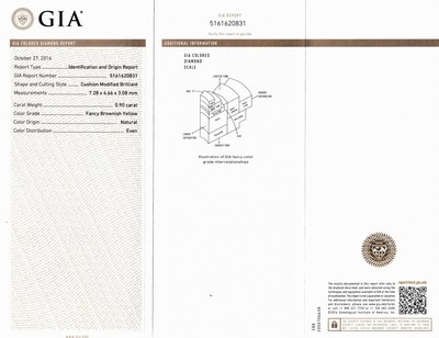 27048544a - Loser Diamant im Cushion-Cut, 0.90 ct Natural Fancy Brownish Yellow, verschweißt, GIA ...