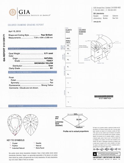 27048561a - Loser Diamant-Tropfen, 0.71 ct Natural Fancy Brownish Yellow/si1, verschweißt, GIA ...