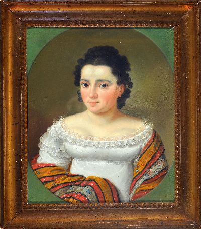 27048574k - Porträtmaler, wohl deutsch, frühes 19. Jh., Dame im weißen Kleid und Frisur in ...