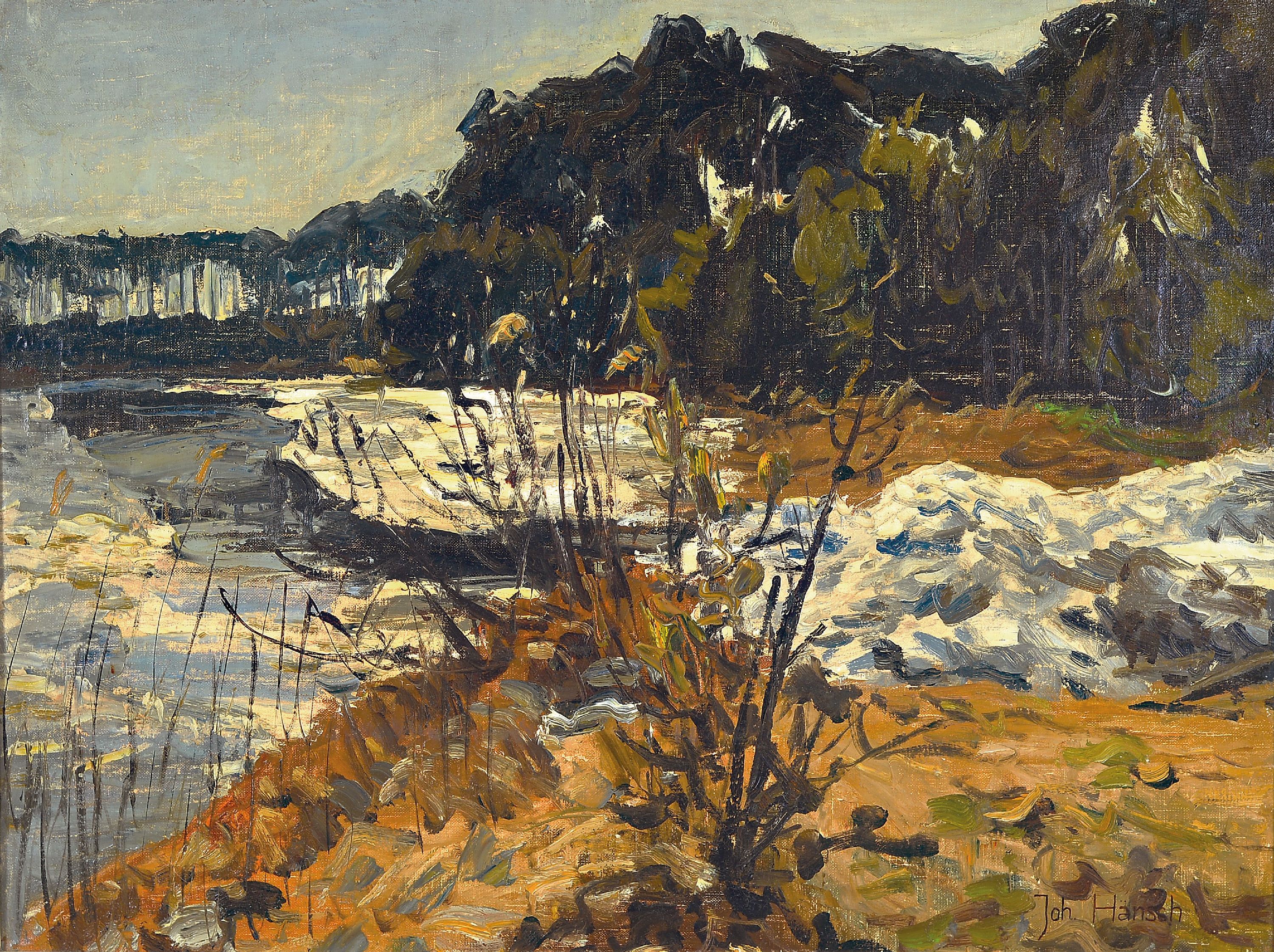 Image 27049122 - Johann Hänsch, 1875 Berlin-1945, landscape with water, pine trees and snowfields, ...