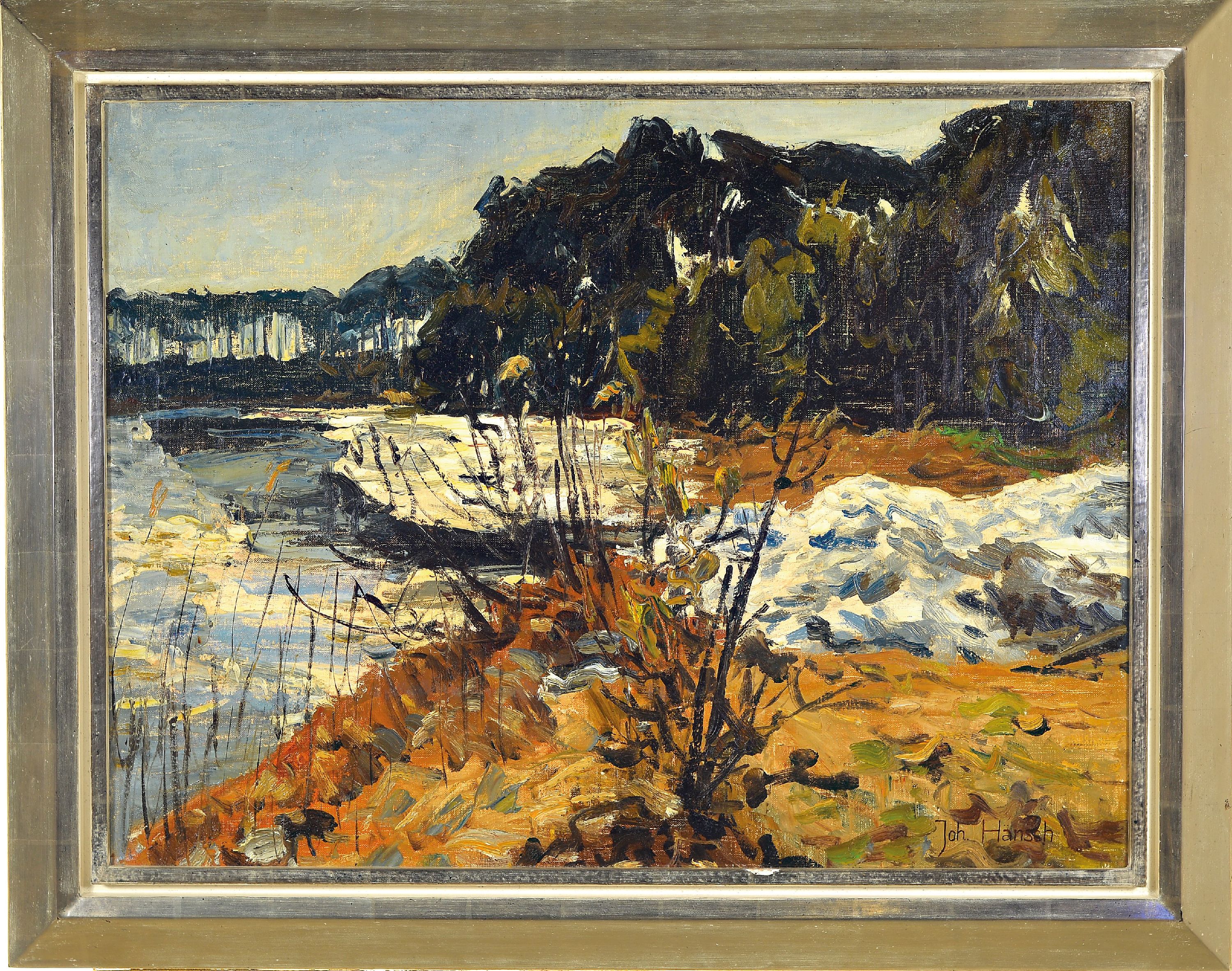 Detail k: Johann Hänsch, 1875 Berlin-1945, Landschaft mit Gewässer, Kiefern und Schneefeldern, Öl/Lwd, rechts unten sign., expressiver pastoser ...