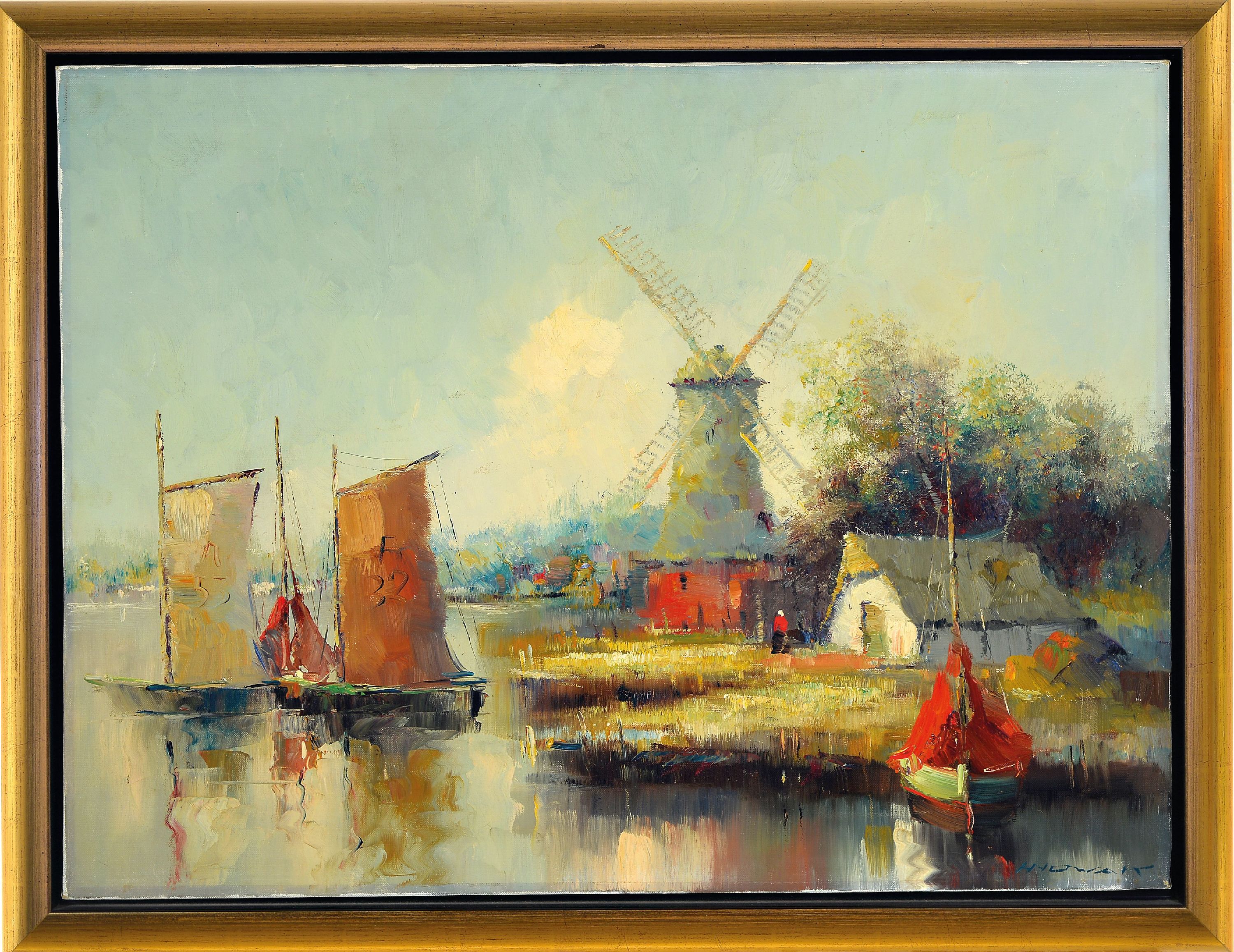 Detail k: Eduard Nowak, geb. 1913, Holländischer Fischerhafen, Öl/Lwd, rechts unten signiert, ca. 60x80cm, Rahmen mit Schattenfuge ca. 70x90cm