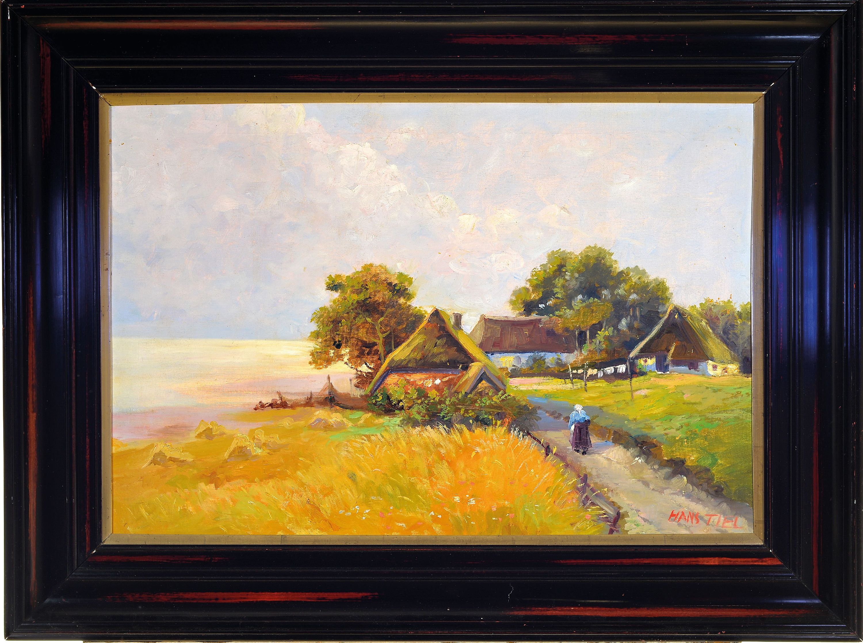 Detail k: Hans Tiel, Maler des frühen 20. Jh., Sommerliche Landschaft mit Getreidefeld, Bauernhaus und dem Meer im Hintergrund, Öl/Lwd, rechts unten ...