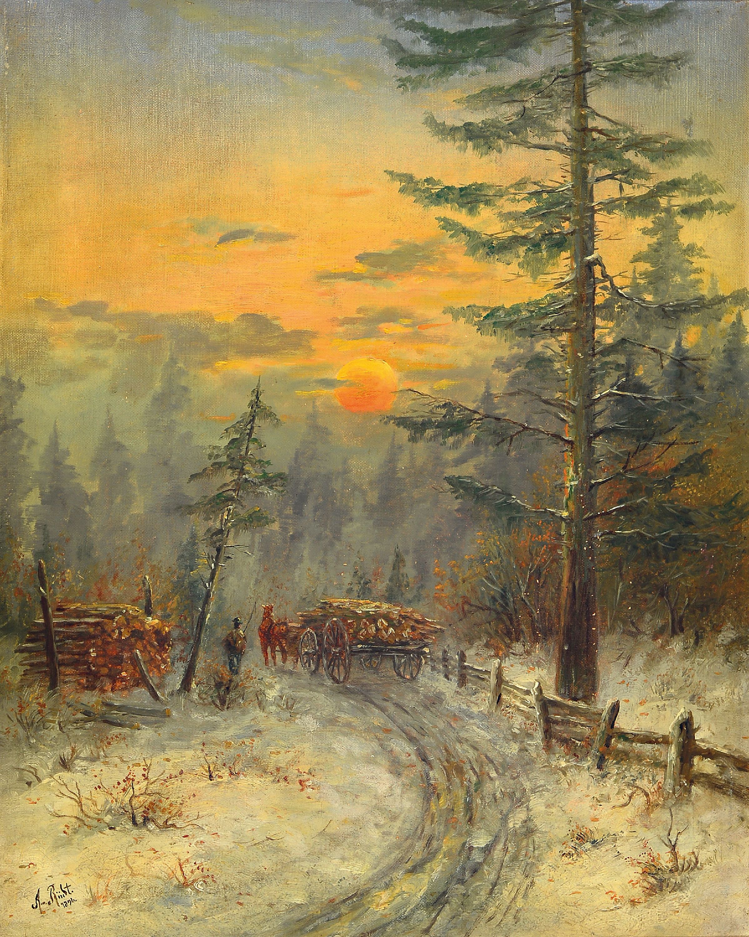 Detail c: August von Rüdt, 1863-1936, 2 Pendants: Waldlandschaften mit Holzwerken im Abend- bzw. Morgenrot, Öl/Lwd, beide links unten signiert und dat. 1896, ...