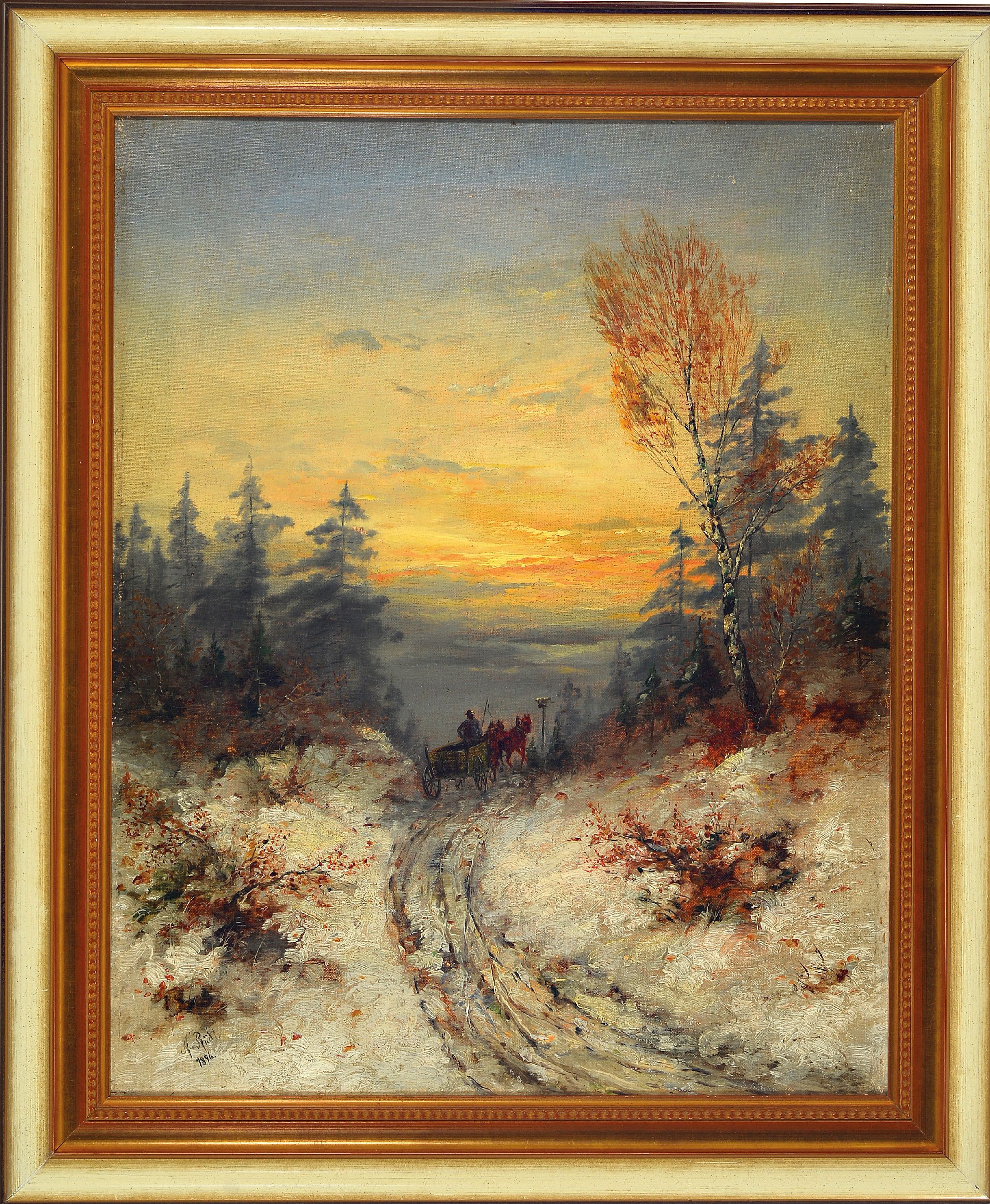 Detail k: August von Rüdt, 1863-1936, 2 Pendants: Waldlandschaften mit Holzwerken im Abend- bzw. Morgenrot, Öl/Lwd, beide links unten signiert und dat. 1896, ...