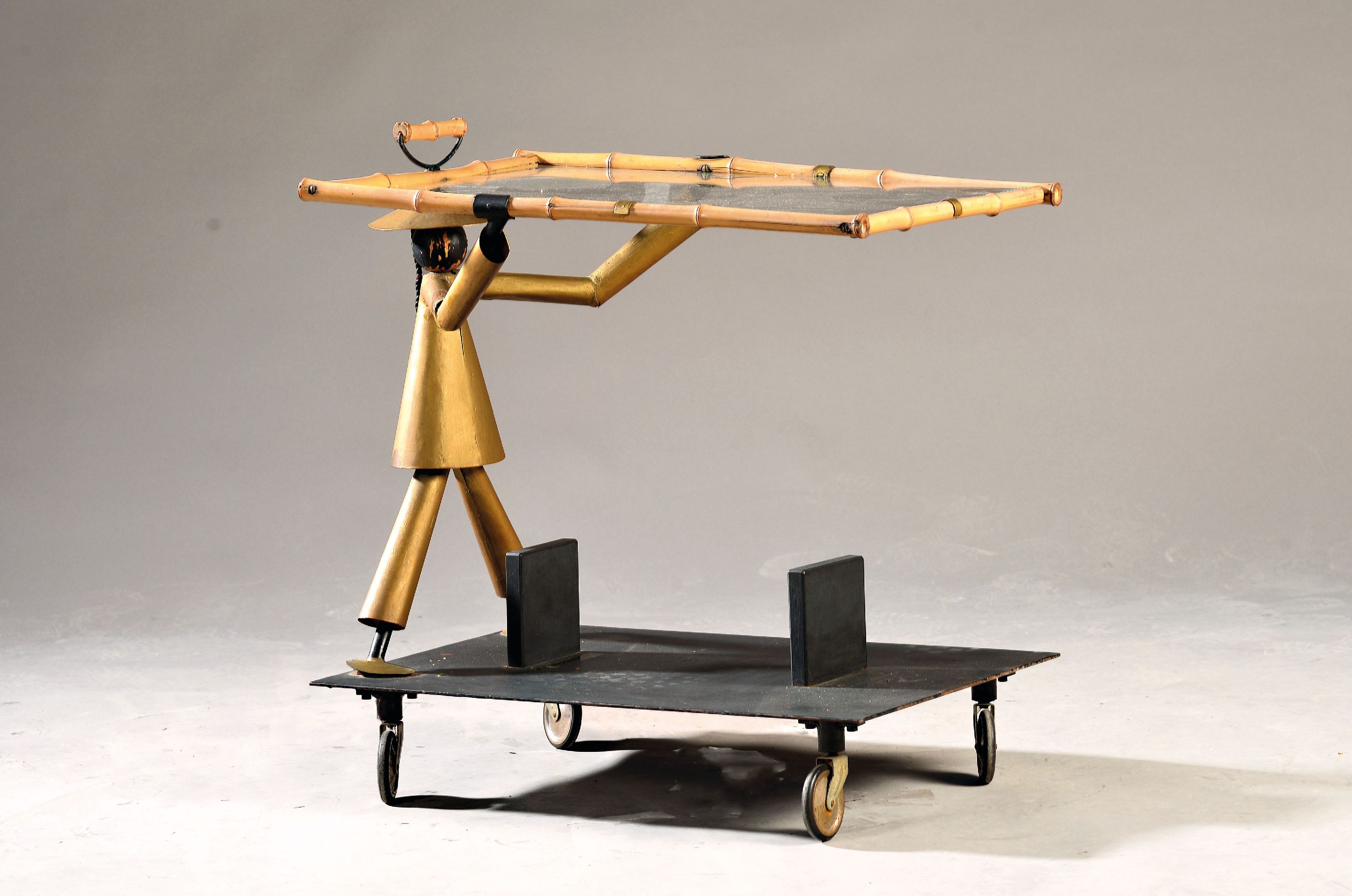 Image 27049147 - Bar cart, vintage, 20th century, with glass top and bamboo frame, on wheels, approx. ...