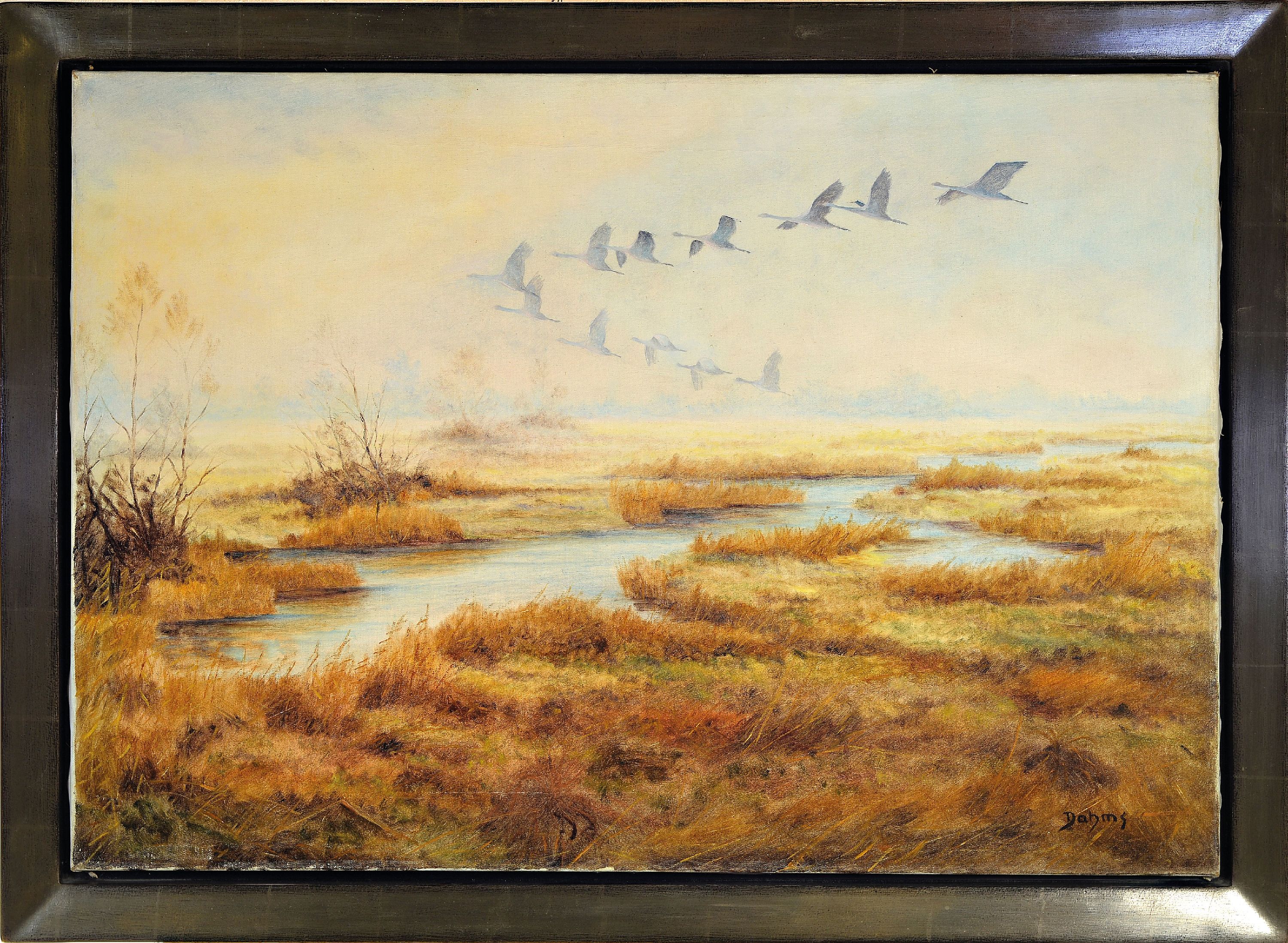 Detail k: Paul Wilhelm Dahms, 1913 Jüterborg-1988 Dillingen, fliegende Gänse über Moorlandschaft, Öl/Lwd, rechts unten signiert, ca. 70x100cm, R. mit ...