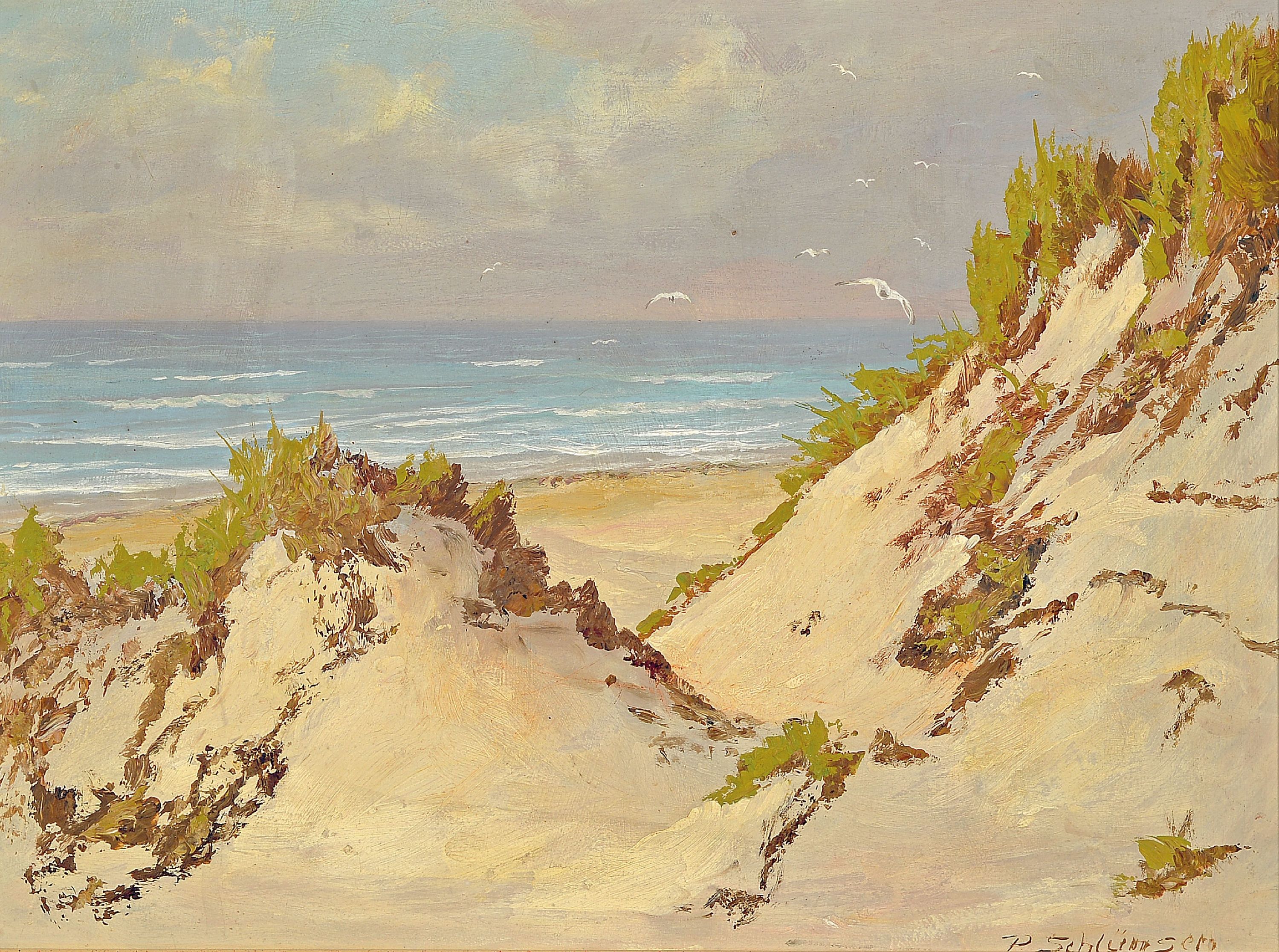 Image 27049162 - Peter Schlünsen, 1890 Leipzig-1967 Hiddensee, Dünen am Meer, Öl/Malkarton, rechts ...