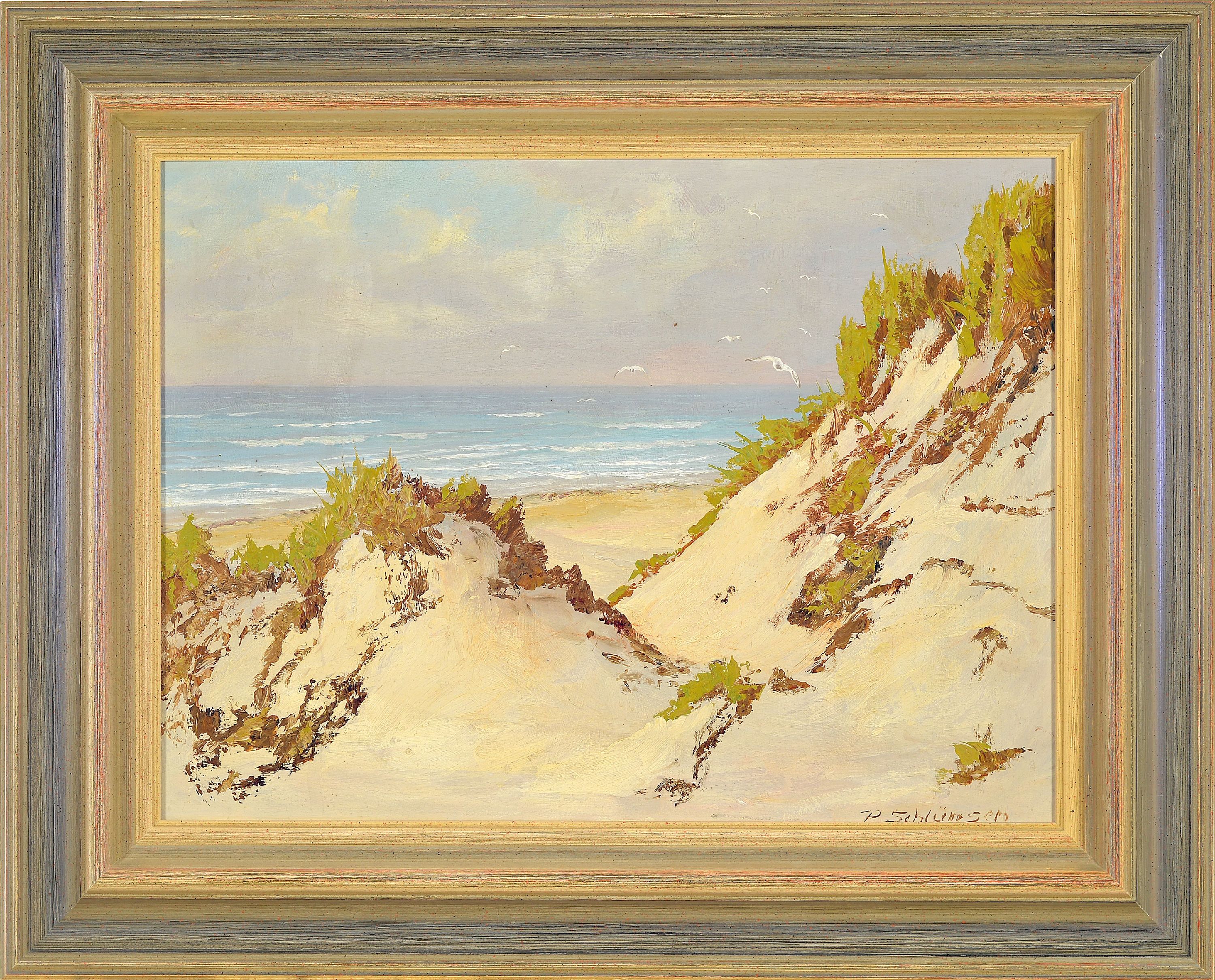Detail k: Peter Schlünsen, 1890 Leipzig-1967 Hiddensee, Dünen am Meer, Öl/Malkarton, rechts unten signiert, ca. 30x40cm, R. ca. 42x52cm