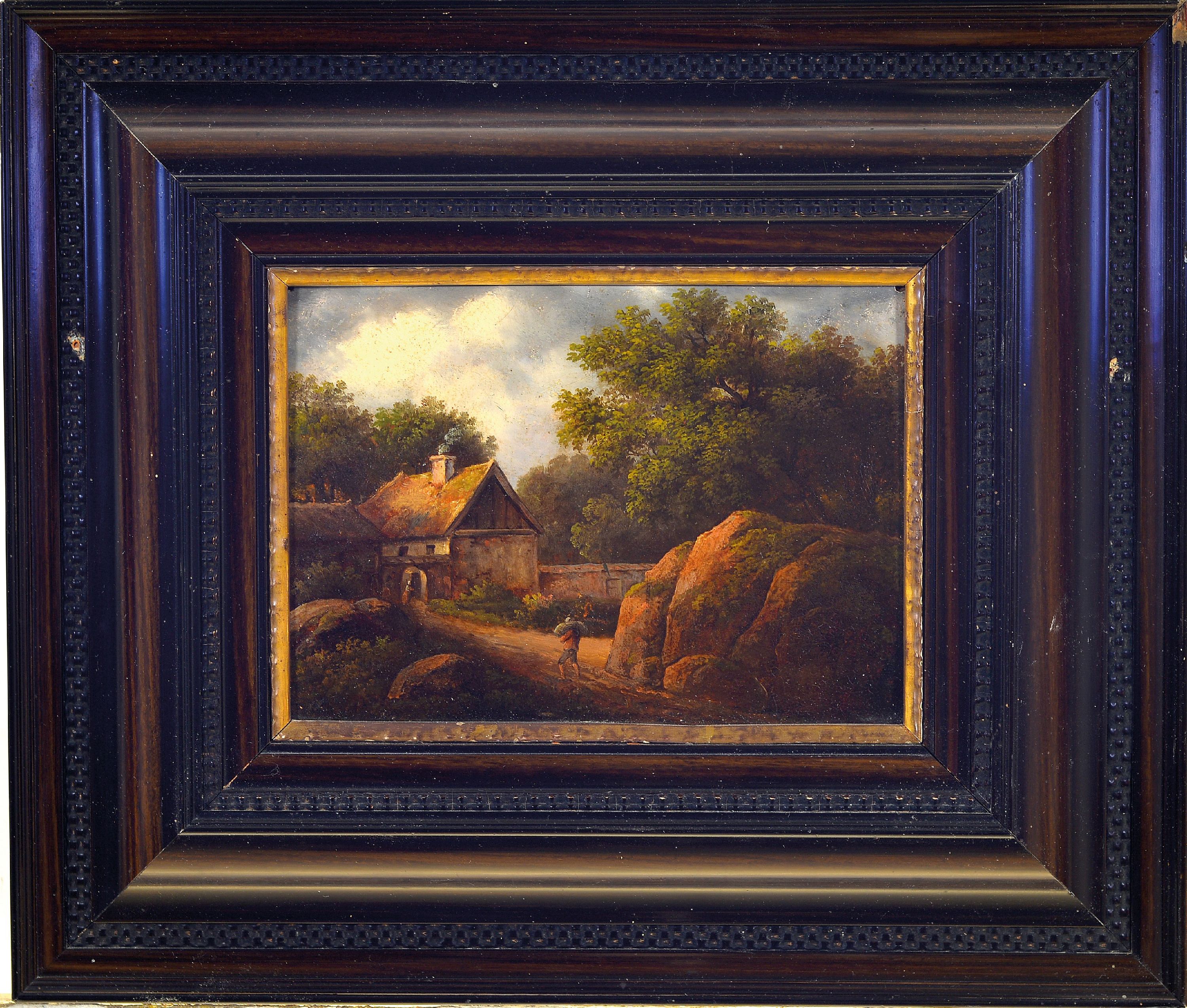 Detail k: Niederländischer Maler des 19. Jh., Landschaft mit Bäumen und Bauernhaus und heimkehrendem Bauer, nach van Goyens aus dem 17. Jh., Öl/Holz, ca. ...
