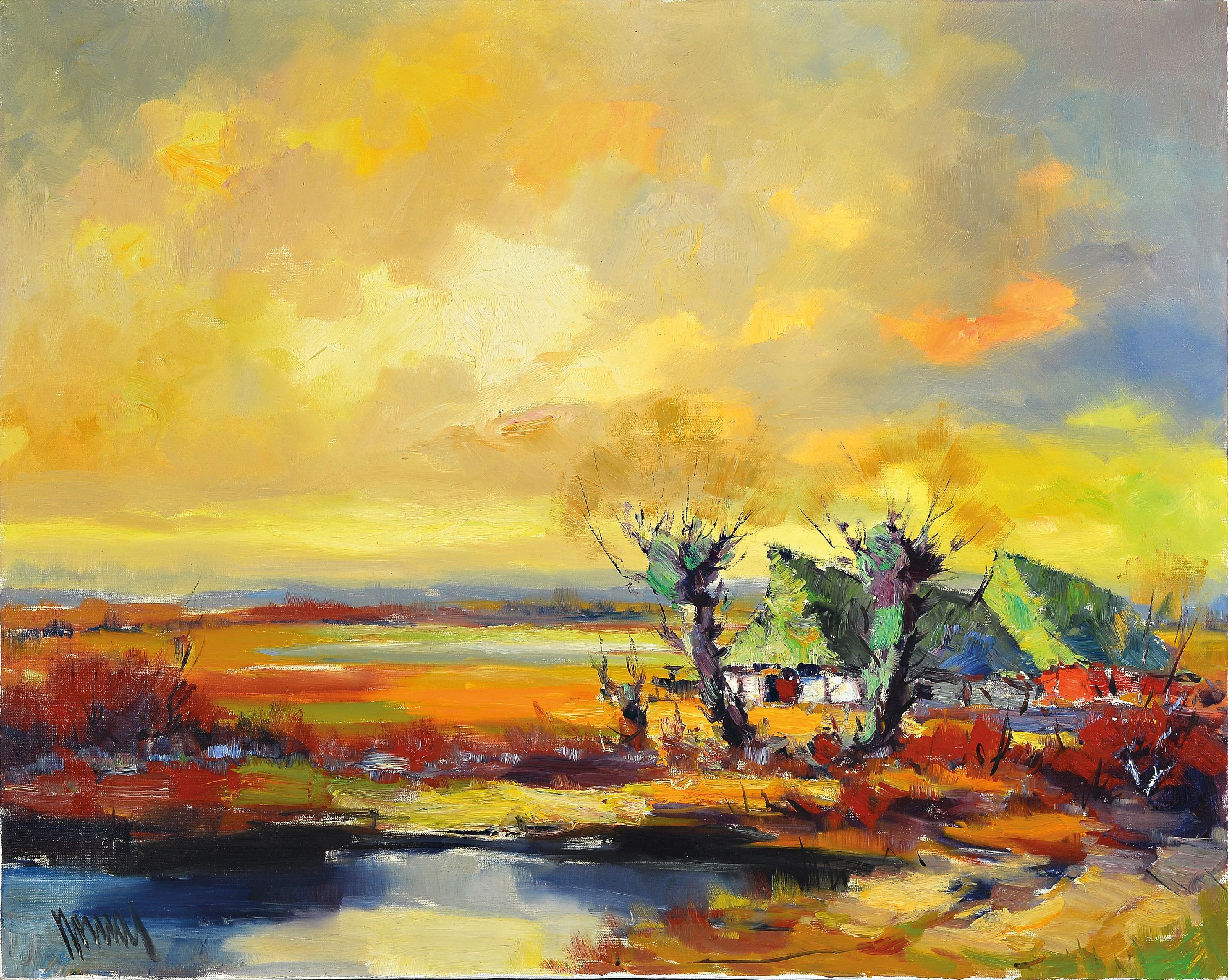 Image 27049167 - Unbekannter zeitgenössischer Künstler, Landschaft mit Bauernhaus, Öl/Lwd, links unten ...