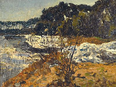 Image Johann Hänsch, 1875 Berlin-1945, Landschaft mit Gewässer, Kiefern und Schneefeldern, ...