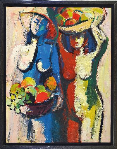 27049160k - Karl Hufnagel, 1906 Harthausen-1995, zwei Mädchen mit Früchten, Öl/Hartfaser, rechts ...