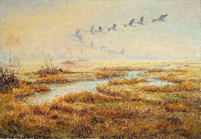 Image Paul Wilhelm Dahms, 1913 Jüterborg-1988 Dillingen, fliegende Gänse über ...